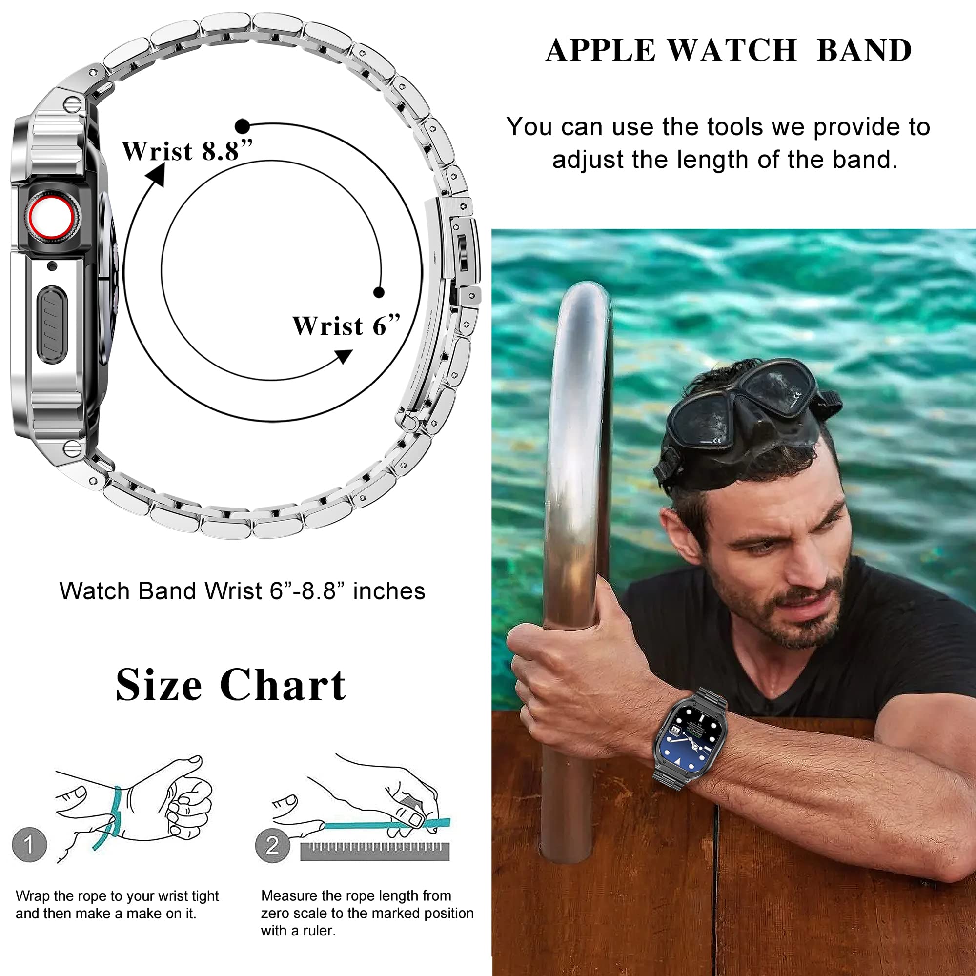Cinturino per Apple Watch compatibile per iWatch Serie Ultra (49 mm) 8/7 (45 mm/41 mm) 6/5/4/SE (44 mm/40 mm), cinturino in acciaio inossidabile con custodia, cinturini in metallo per iWatch e cover protettiva per uomo