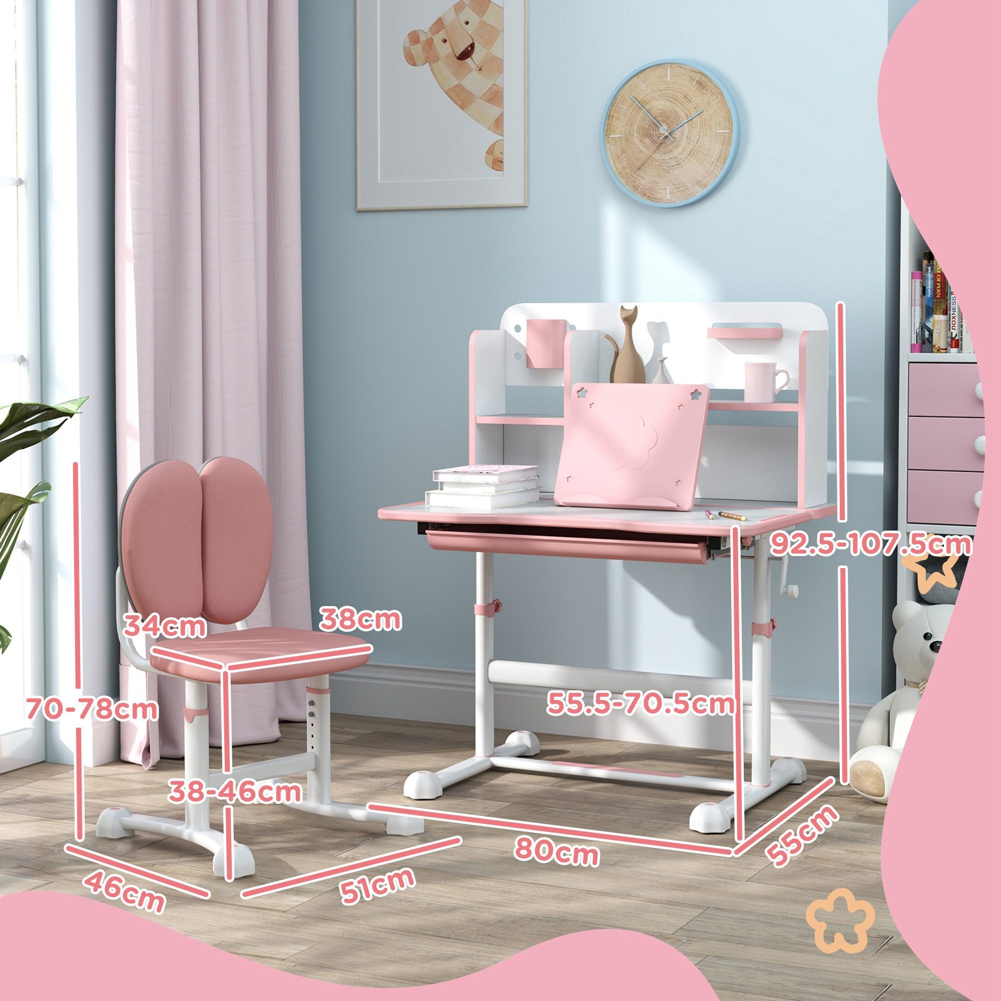 AIYAPLAY Set Scrivania e Sedia per Bambini 3-12 Anni Regolabili in Altezza, Banco Scuola con Piano Inclinabile 45°, Cassetto, Scaffale, Portapenne e Leggio, in Acciaio e MDF, Rosa