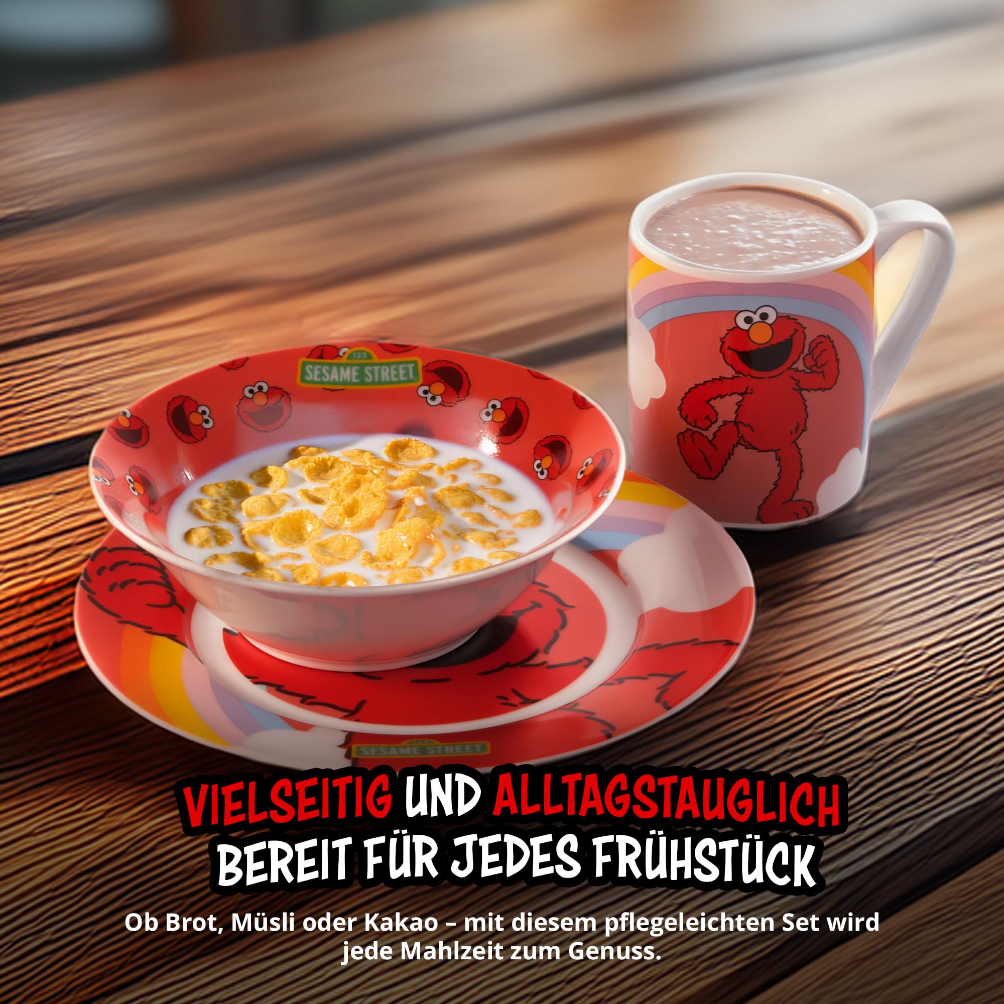 United Labels Elmo Frühstücksset Kinder, mit Elmo, Geschirr Set Porzellan, 3-teilig mit Teller, Schale und Tasse, spülmaschinenfest und mikrowellengeeignet