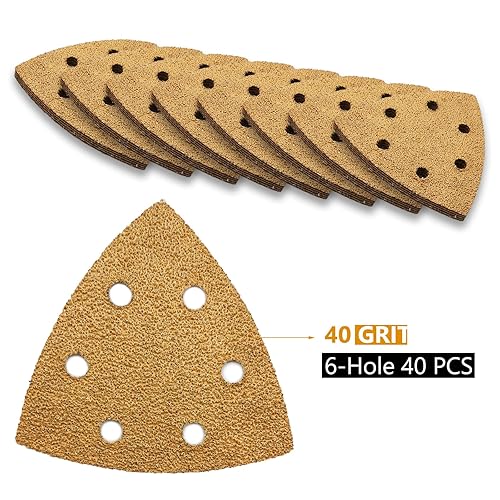 Miniatura 3 de Papel de lija triangular, juego de 40 piezas de papel de arena oscilante con gancho y bucle, 6 agujeros, lijadora de grano 40 para pulir madera