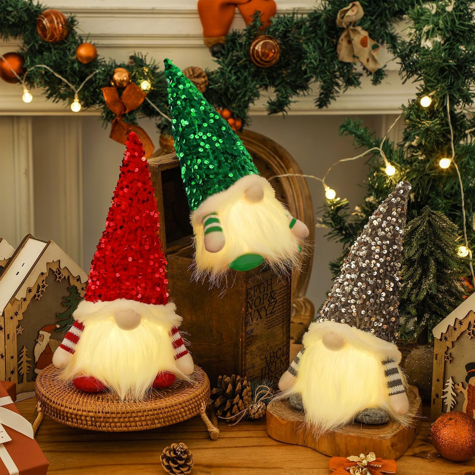 Herbst 3 unidades de gnoblezas decorativas navideñas, gnomos con LED de peluche de peluche, figuras de enano de Navidad, iluminado para decoración de Navidad, decoración de mesa, decoración de