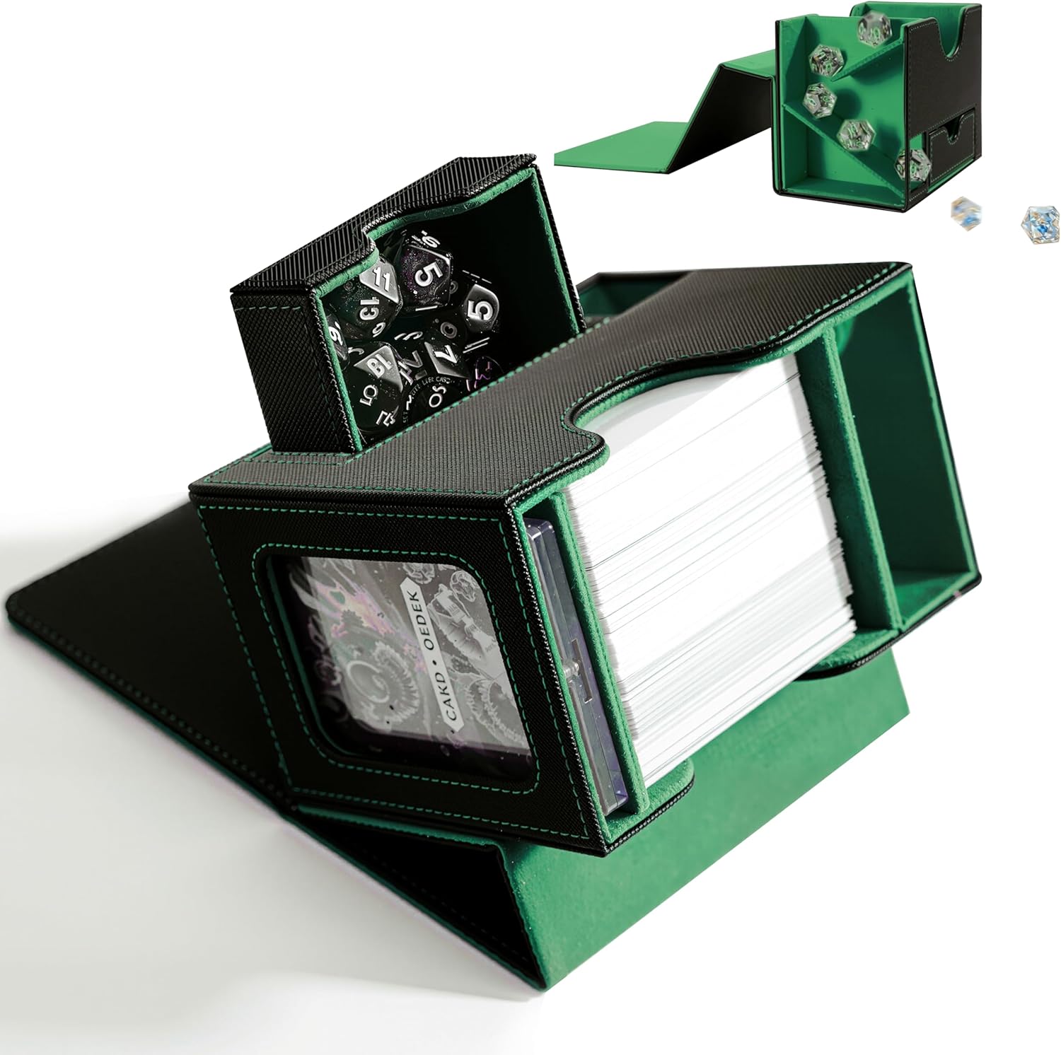 MTG Deck Box for Commander with Dice Tray - Card Deck Box Fits 100 Double-Sleeved Cards & 35PT Card Brick with Commander Display & Magnetic Holder for TCG/CCG Games(Black/Green)