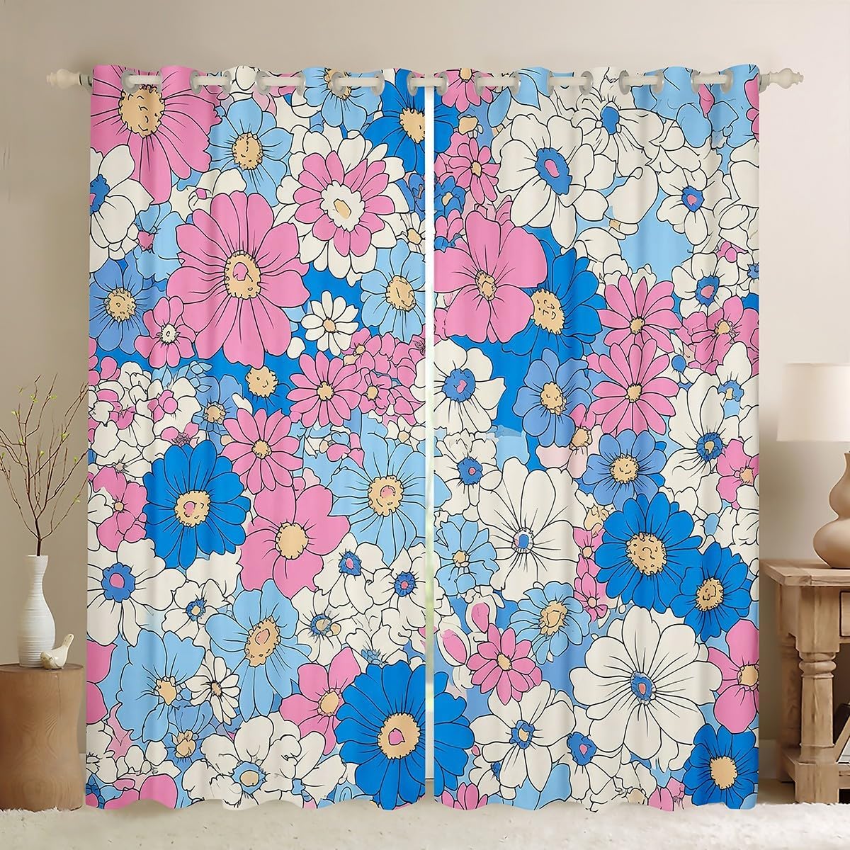 Watercolor Flowers Kids Adults Window Curtain,Groovy Daisy 70s 80s Hippie Style Window Treatment Curtain,Purple Orange Flowers Rustic Style Window Drapes for Teens Child Bedroom Decor,52Wx96L