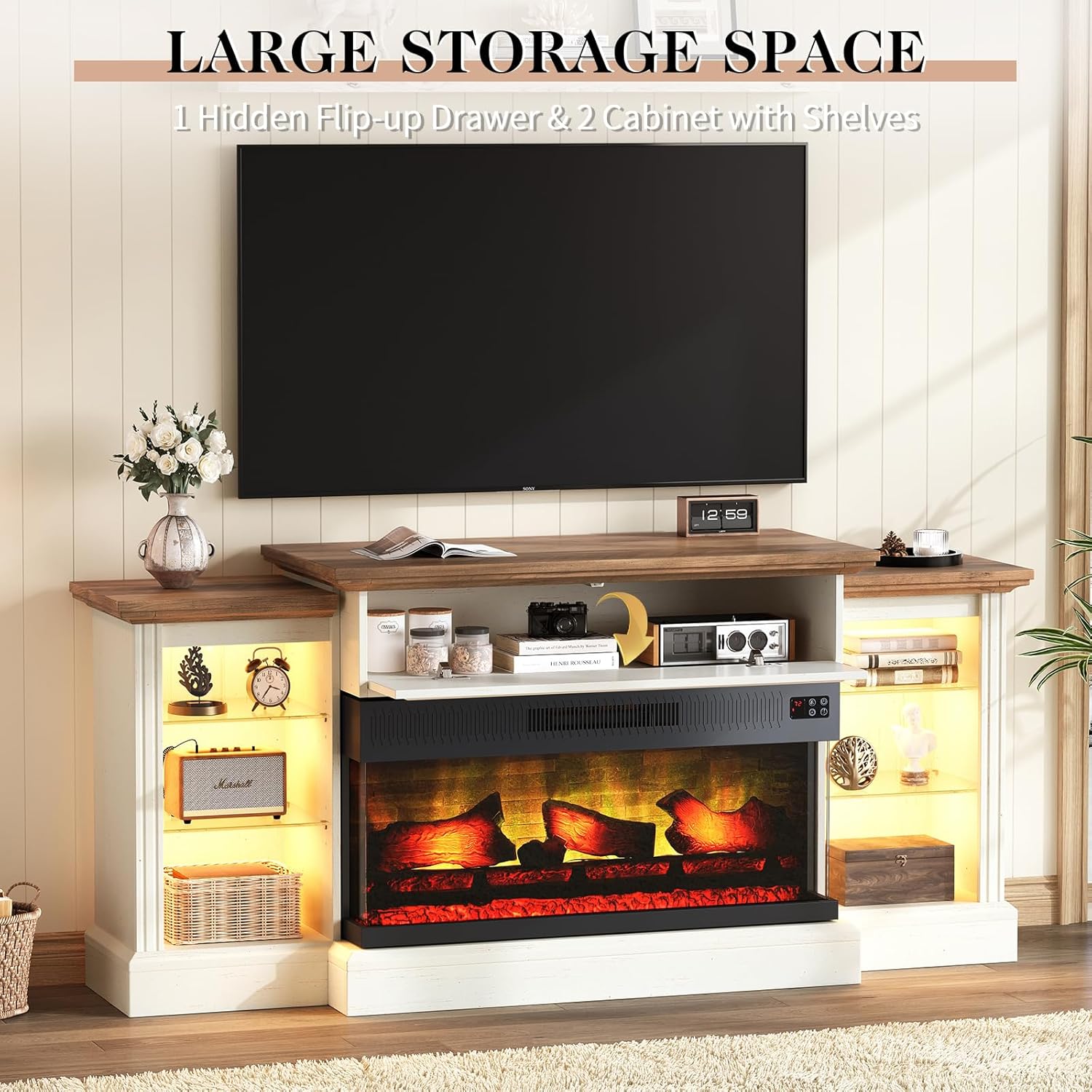 70" Fireplace TV Stand with 36" 3-Sided Glass Electric Fireplace, Farmhouse Media Entertainment Center with LED Light & Hiden Flip-up Door, TV Console Storage Cabinet for TVs up to 80", White