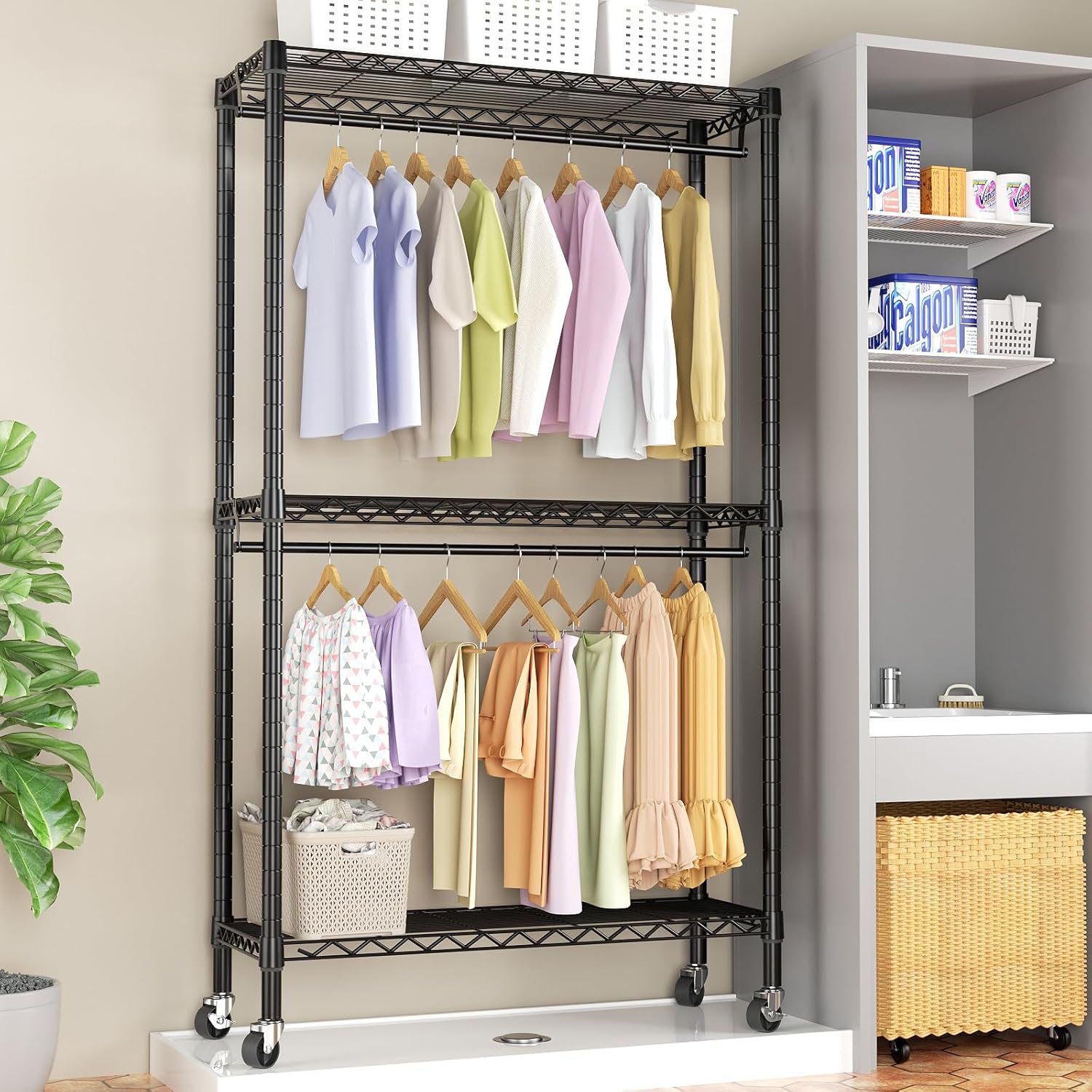 Golpart Heavy Duty Rolling Garment Rack in a room setting, showing its mobility