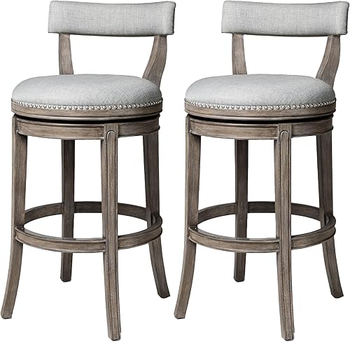Maven Lane Alexander Taburete de bar giratorio de 31 pulgadas, taburete de cocina con acabado de roble recuperado y tapicería de tela gris ceniza,
