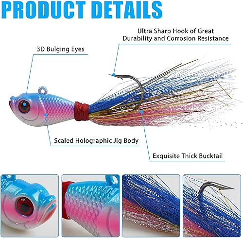 Miniatura 9 de Bucktail Jigs - Señuelo para agua salada, 5 piezas de cola de cubo para el pelo de la plantilla de Swimbait, cebo de Fluke Bait para lucioperca