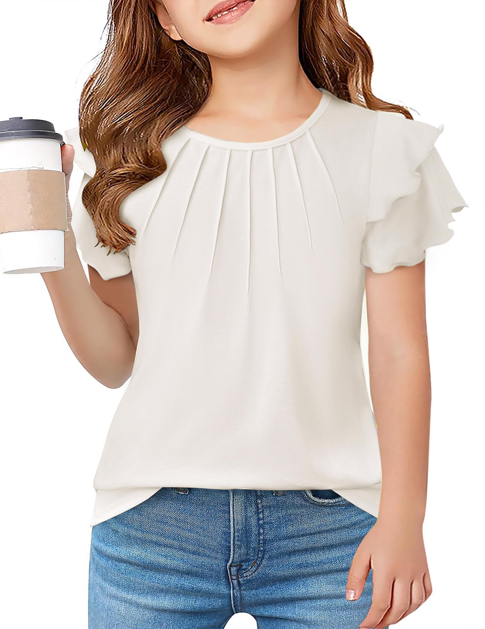 Arshiner Meisjes Zomer Korte Mouw Golvend Shirt Geplooide Top Ronde Hals Effen Kleur Vrije Tijd Mode Tops voor Kinderen 3-14 Jaar, Zwart, 7-8 Jaren
