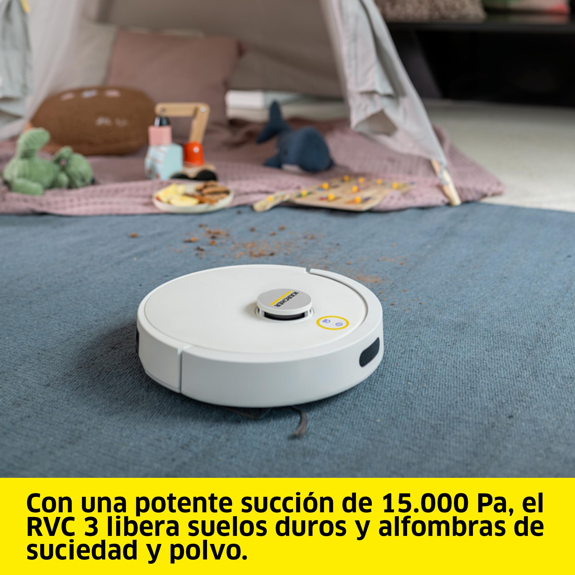 Kärcher Robot Aspirador y mopa húmeda RVC 3, 15000 Pa, hasta 130 min de Tiempo de ejecución, Control de Aplicaciones, mapas, navegación láser, sensores de protección contra caídas, Carga automática