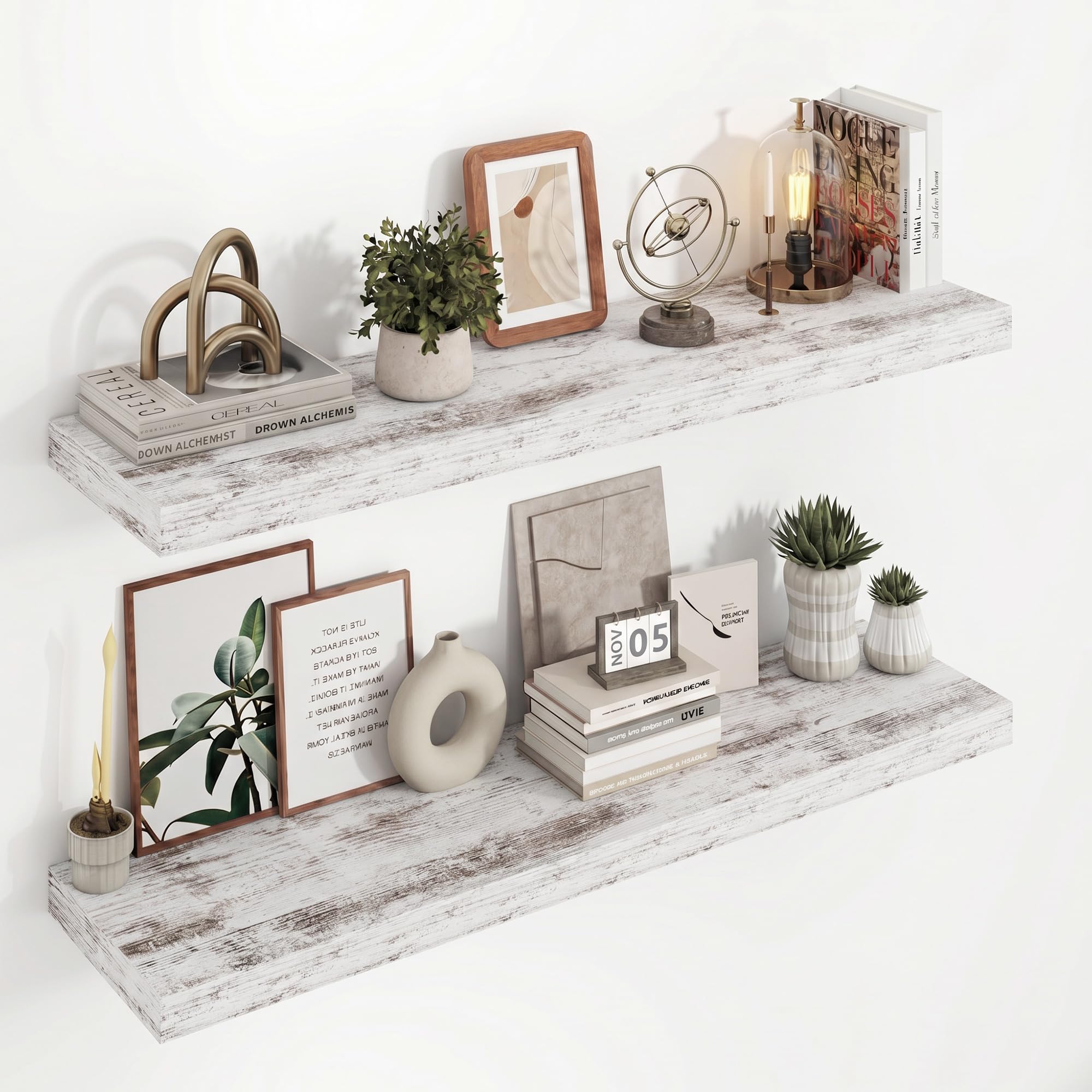 Acovy Floating Shelves for Wall, 23.5cm Extra Deep 100cm Long Wooden Wall Mounted Shelf, Wall Shelves for Living Room Bathroom Bedroom Kitchen, Washed White, Set of 2