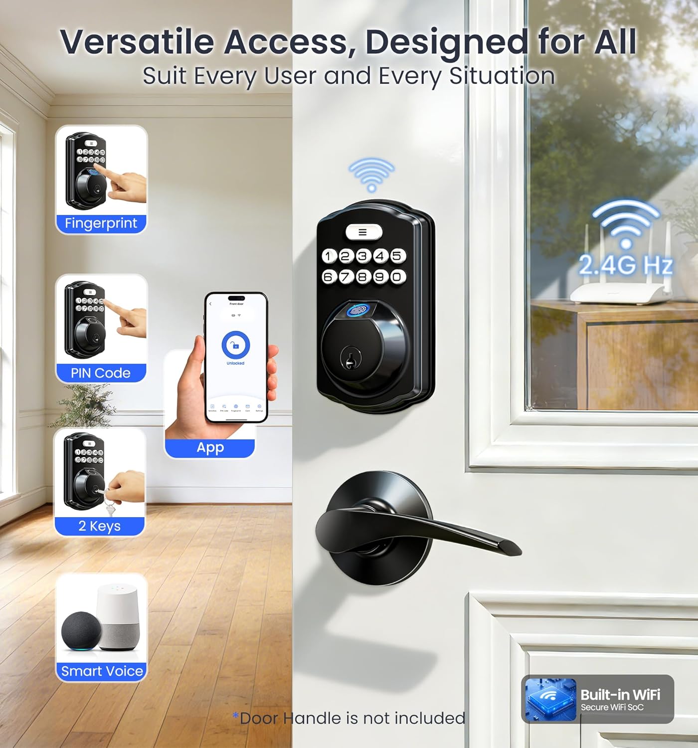 Veise VE012W Built-in WiFi Fingerprint Smart Lock, App Remote Control, Compatible with Alexa  Google Assistant, Keyless Entry for Front Door, Digital Keypad Deadbolt, Auto Lock, Matte Black