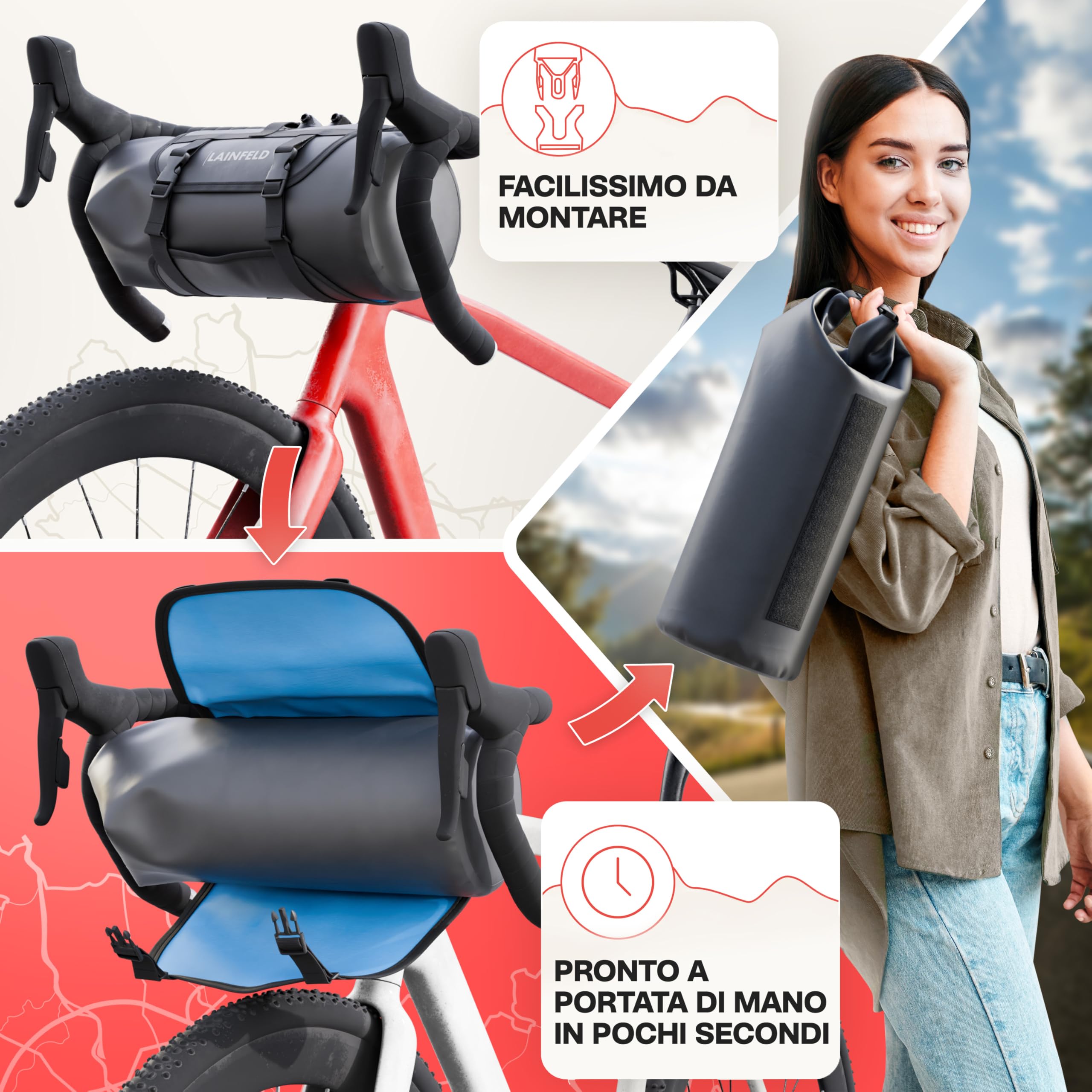 LAINFELD Borsa per manubrio bicicletta [8 litri] | 100% impermeabile | stampa riflettente – Borsa per bicicletta manubrio bicicletta anteriore bicicletta bicicletta bicicletta MTB