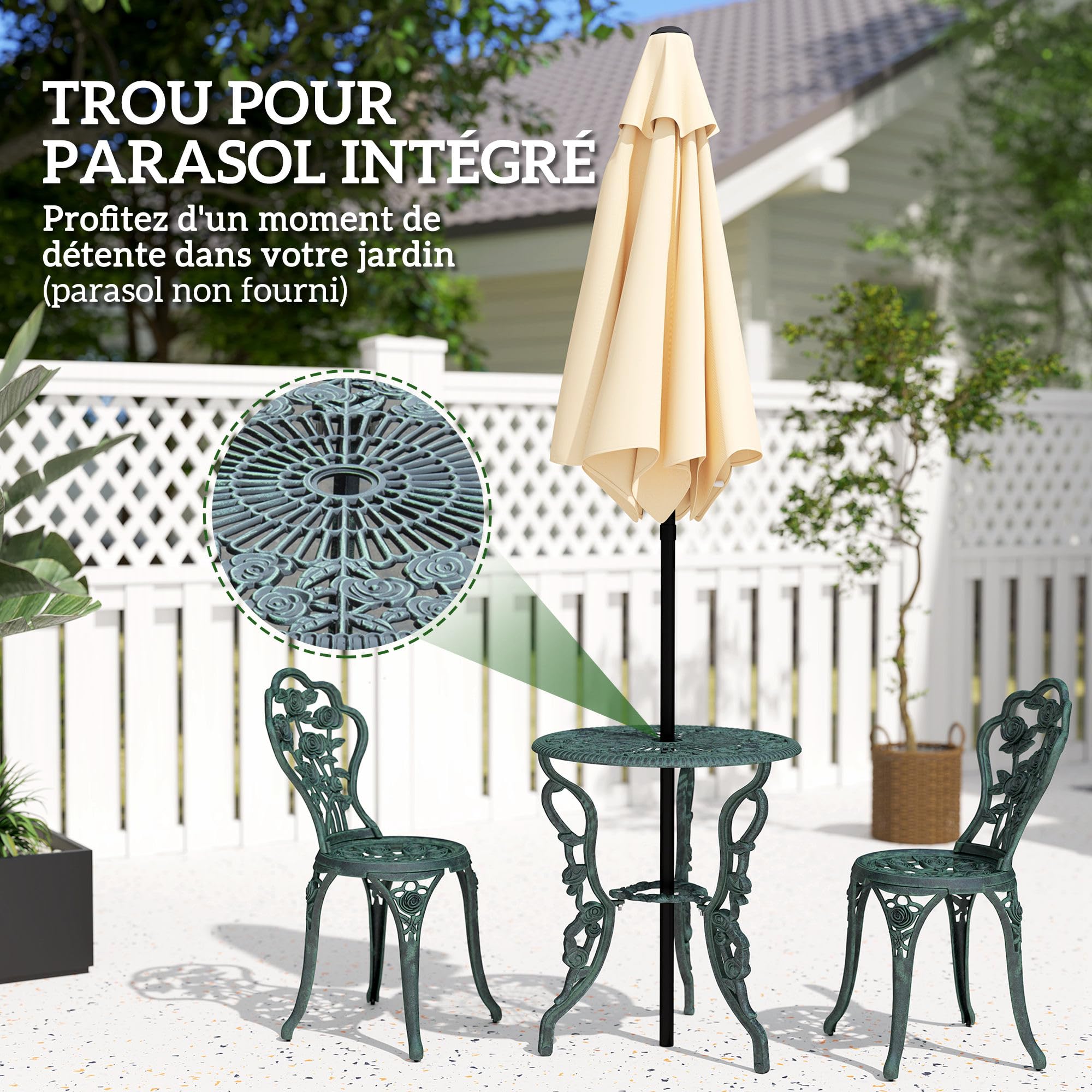 Outsunny Ensemble Salon de Jardin 2 Places Table Ronde Fonte d'Aluminium Vert Vieilli