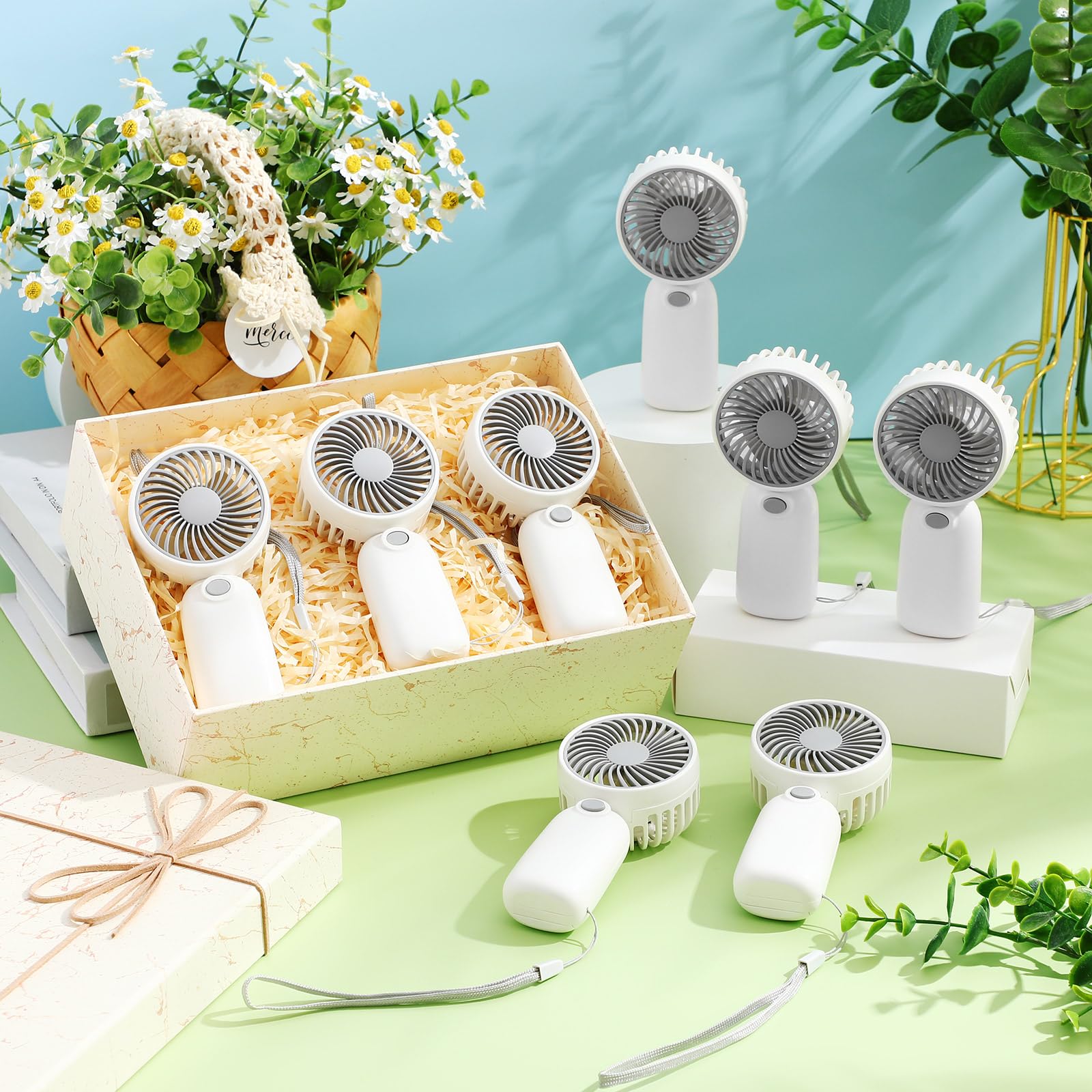 Woanger Tragbarer Mini-Handventilator, Großpackung mit Seilwimpern, Schreibtischventilator für Make-up, Sommer, Wertschätzung, Geschenke, einzeln verpackt, für Hochzeit, Reisen, Camping, Wandern, Grau