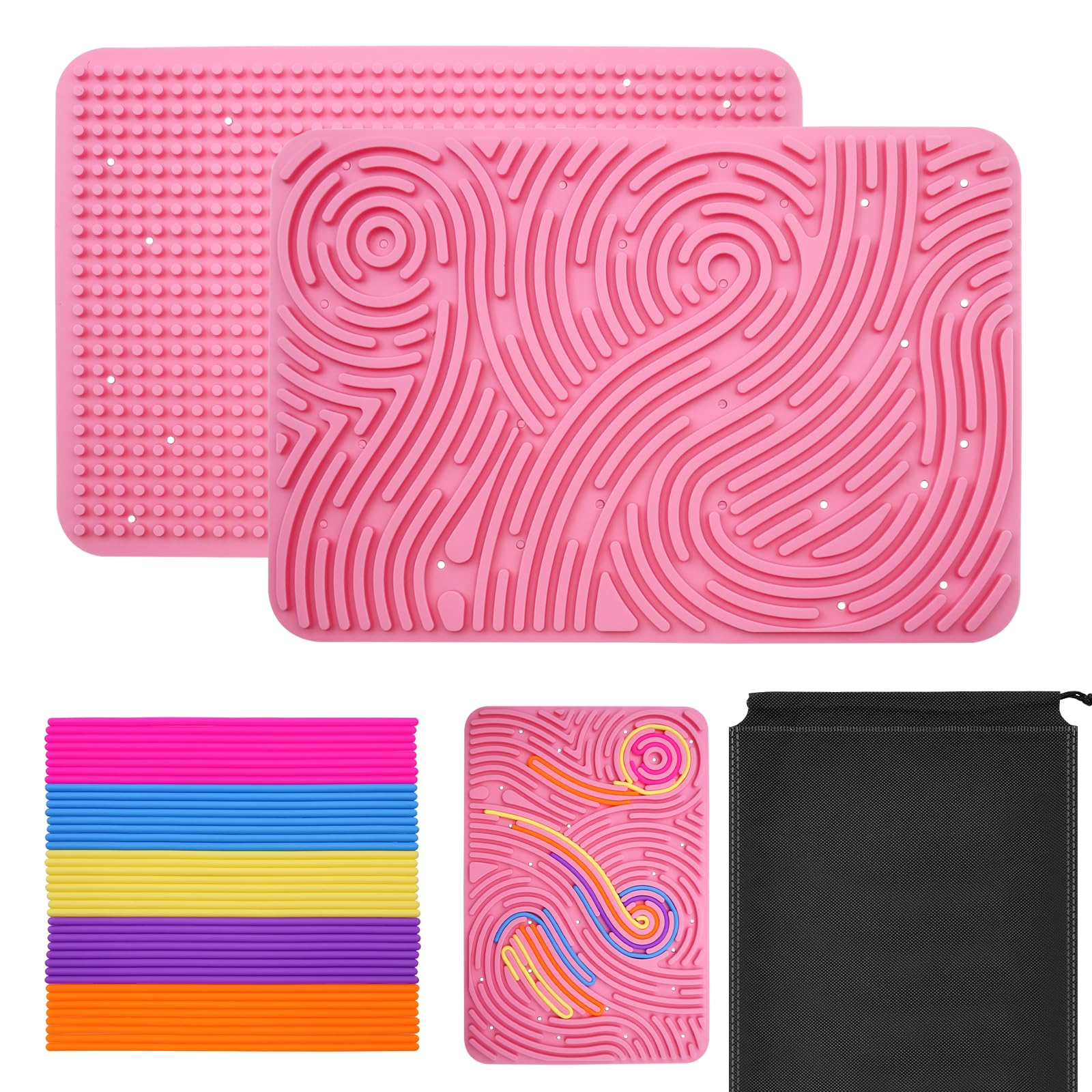 OMJMYY Sensory Activity Board 29.5 x 20 cm Silicone Fidget Toy Push Peel Sensory Board with Travel Bag & 40 Strings Silicone for Kids 3+ & Adults Calming Anxiety Stress ADHD & Autism(Pink)