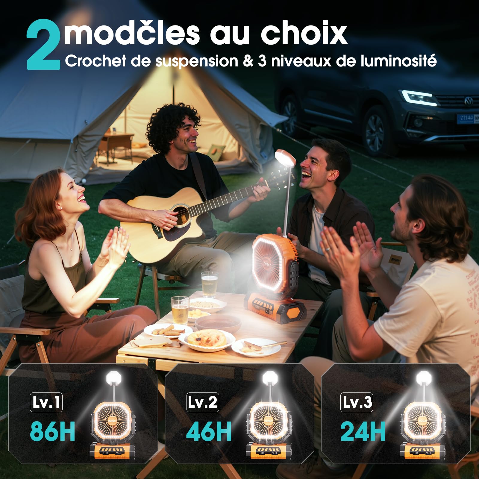 Ventilateur de Camping 20000mAh Rechargeable avec Lumière LED, USB Ventilateur Portable à 4 Vitesses avec Télécommande, Crochet et Minuterie pour Chambre, Bureau, Tente, Plage, Vacances - Orange