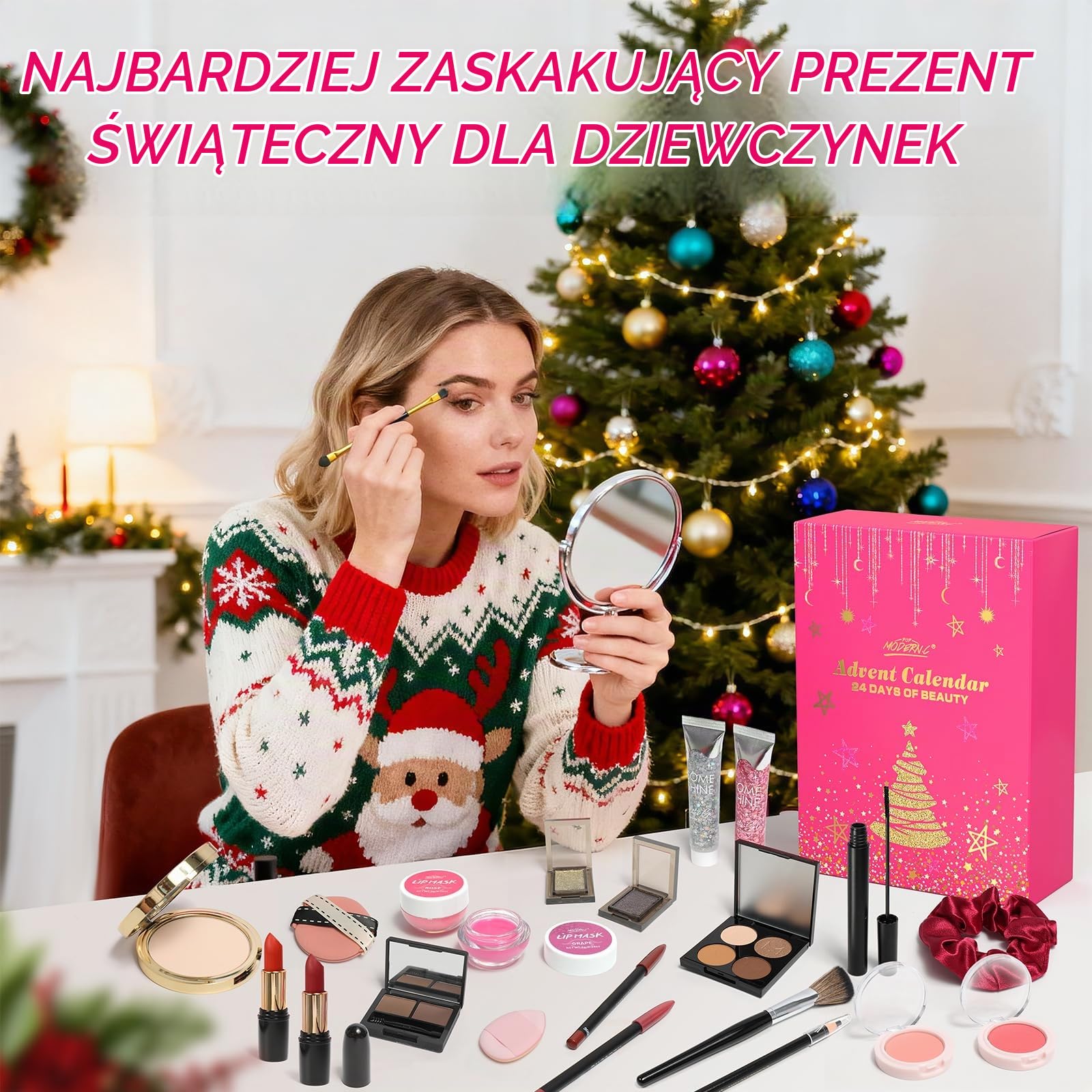 Kalendarz adwentowy z motywem piękności, zestaw upominkowy, przybory do makijażu, pudełka na prezenty, szminka, cienie do powiek, zestaw kosmetyków dla kobiet, dziewcząt, nastolatków, mamy, dziewczyny