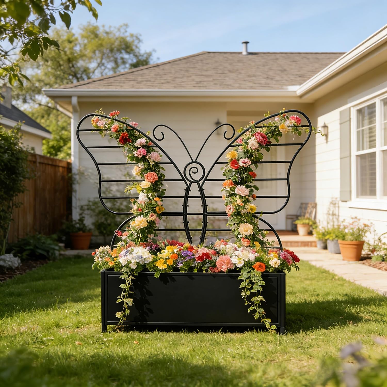 Metal Planter Box with Trellis, Metal Raised Garden Bed with Drainage Holes, Butterfly-Shaped Planters for Outdoor, Garden Box for Climbing Plants, Vegetables and Vines (Black)