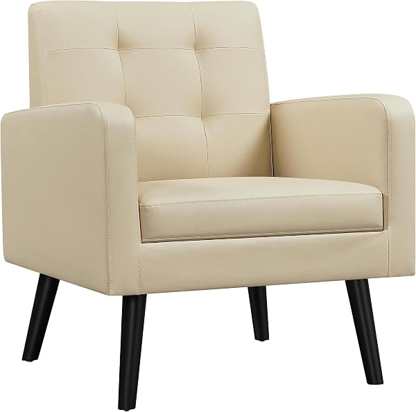 Yaheetech Mid-Century Accent Chairs, Modern Upholstered Living Room Chair, Cozy Armchair Button Tufted Back and Wood Leg