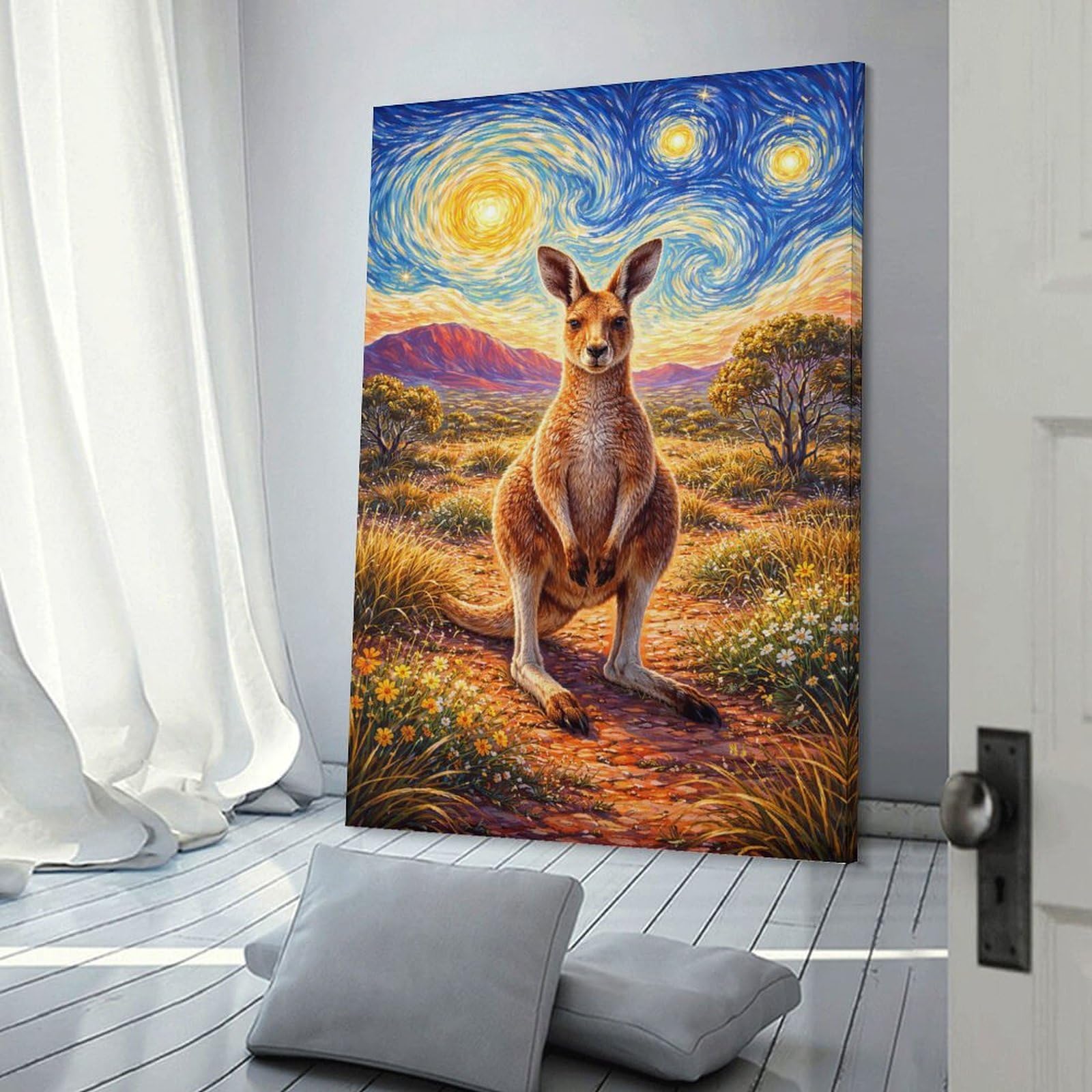 Junmoney Kangaroo Under Starry Sky Hanging Wall Art, 20x30inch(50x75cm), for Bedroom, Guest Room Or Reading Nook, Home Artwork with A Soft Interior Feel
