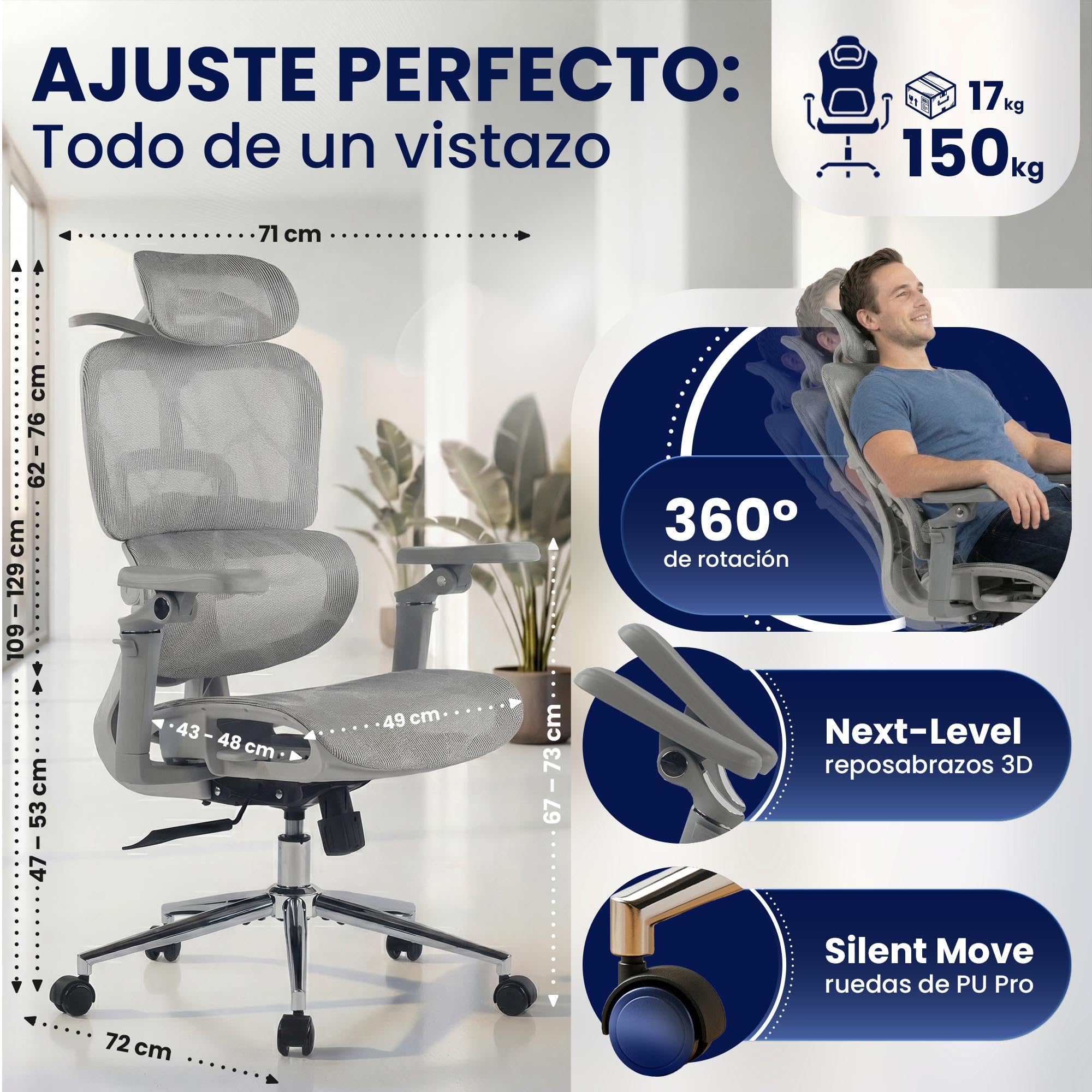 CLP Silla Oficina Ergonómica Jenson con Reposacabezas, Silla Escritorio Altura Regulable, Respaldo Reclinable 135o, Soporte Lumbar Color:Gris