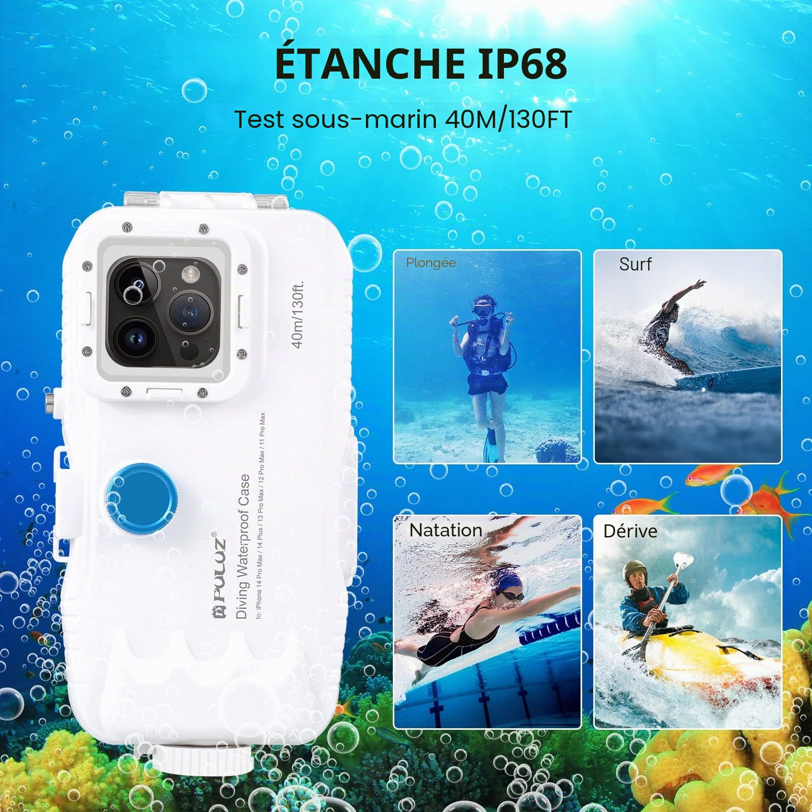 PULUZ étui étanche Coque pour iPhone 15 Pro Max/ 15 Plus/ 14 Plus/ 14 Pro Max / 13 Pro Max / 12 Pro Max / 11 Pro Max - 40m Étanche pour plongée Natation avec Tuba Surf Photo et vidéo（Pas pour iso 26