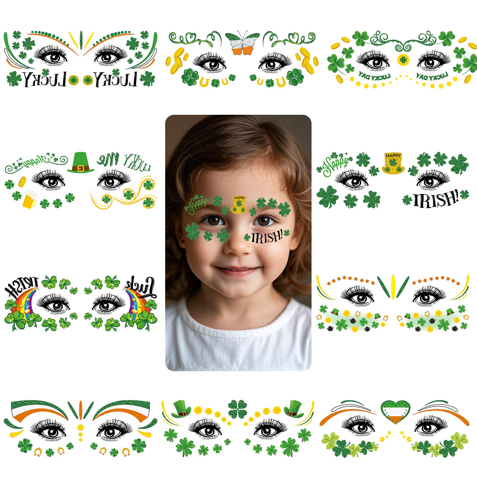 10 Pcs St Patricks Day Tattoos, St Patricks Day Shamrock Tattoo Face Stickers St. Patrick's Day Temporary Clover Tattoos Sticker, Irish Green Party Face Art Stickers for Party (St. Patrick's, 10pcs) - Image 2
