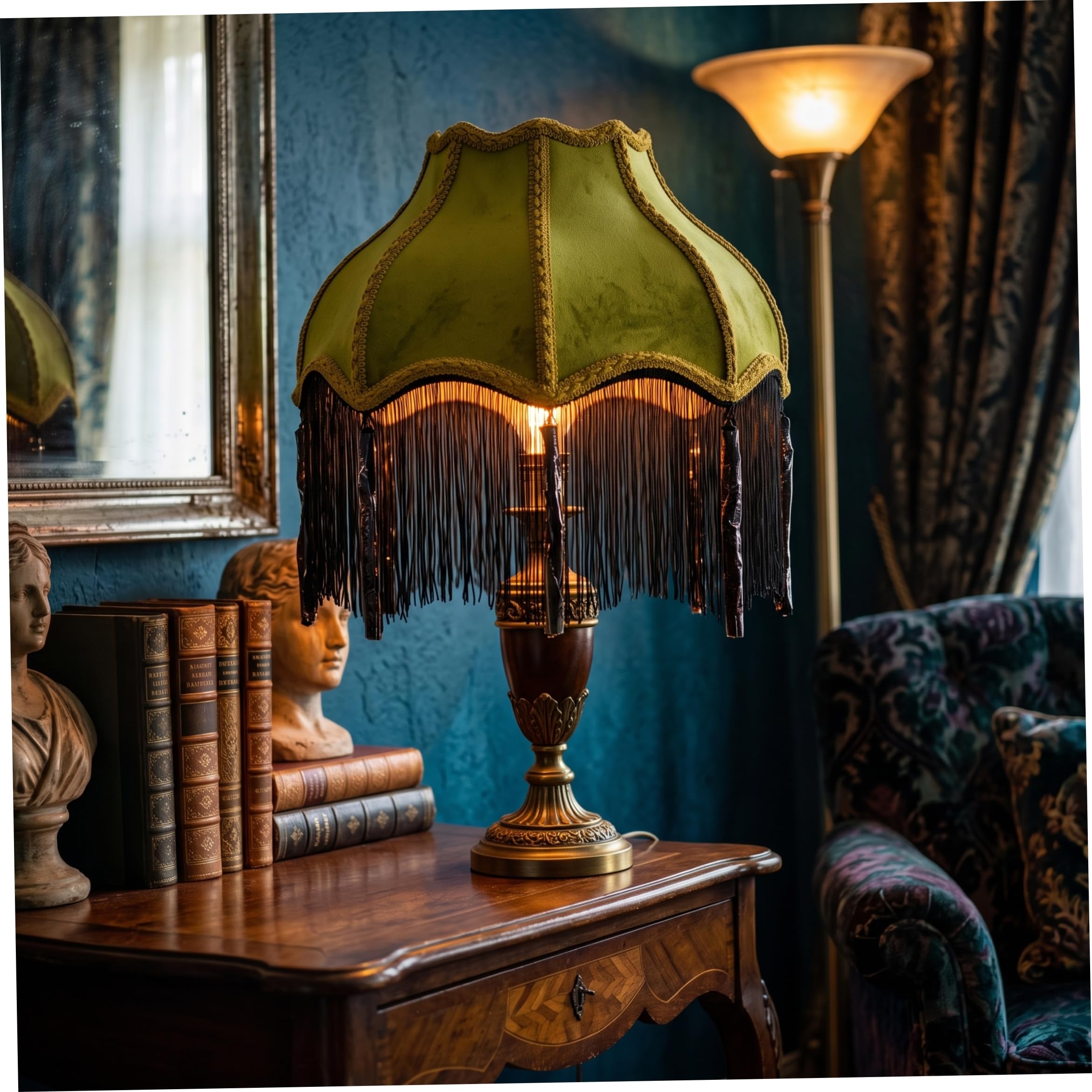 Viktorianischer Lampenschirm mit Quaste, Vintage-Lampenschirm mit Wellenschliff für Tischlampe, Grün