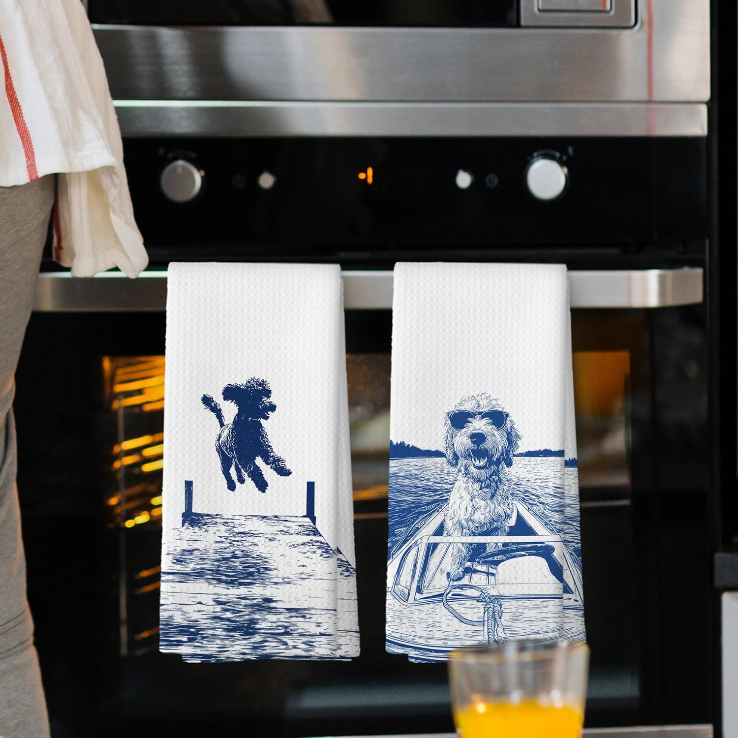 Lake House Decor Doodle Kitchen Towels Set of 2, Summer Funny Lake Dog Coastal Bathroom Hand Towel, Dog Lover Gifts Tea Towel Dish Towels 16x24 Inch - Image 2