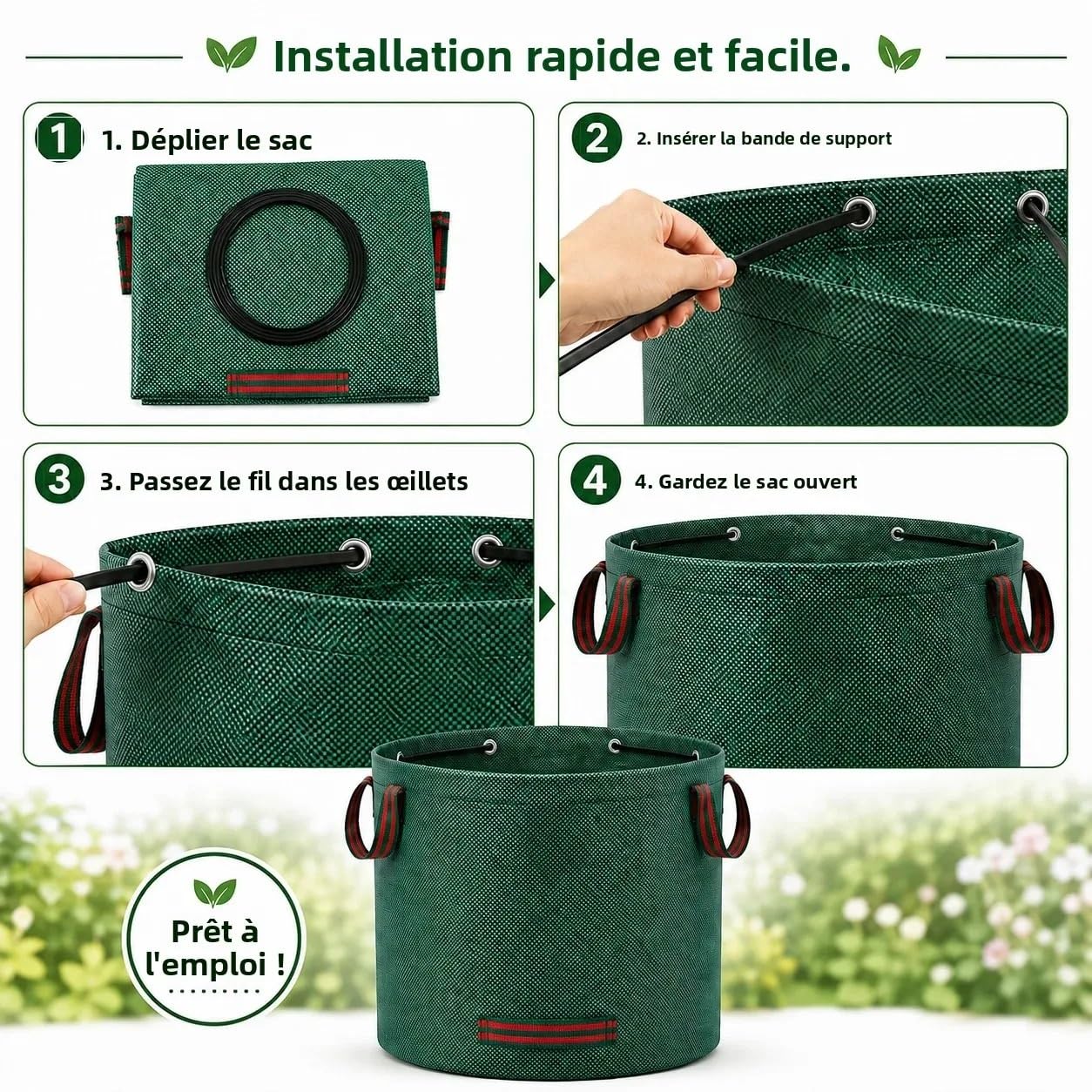 Sac à feuilles de jardin, grande capacité, réutilisable, tissé en PP, déchets pour d'herbe Sac jardin feuilles