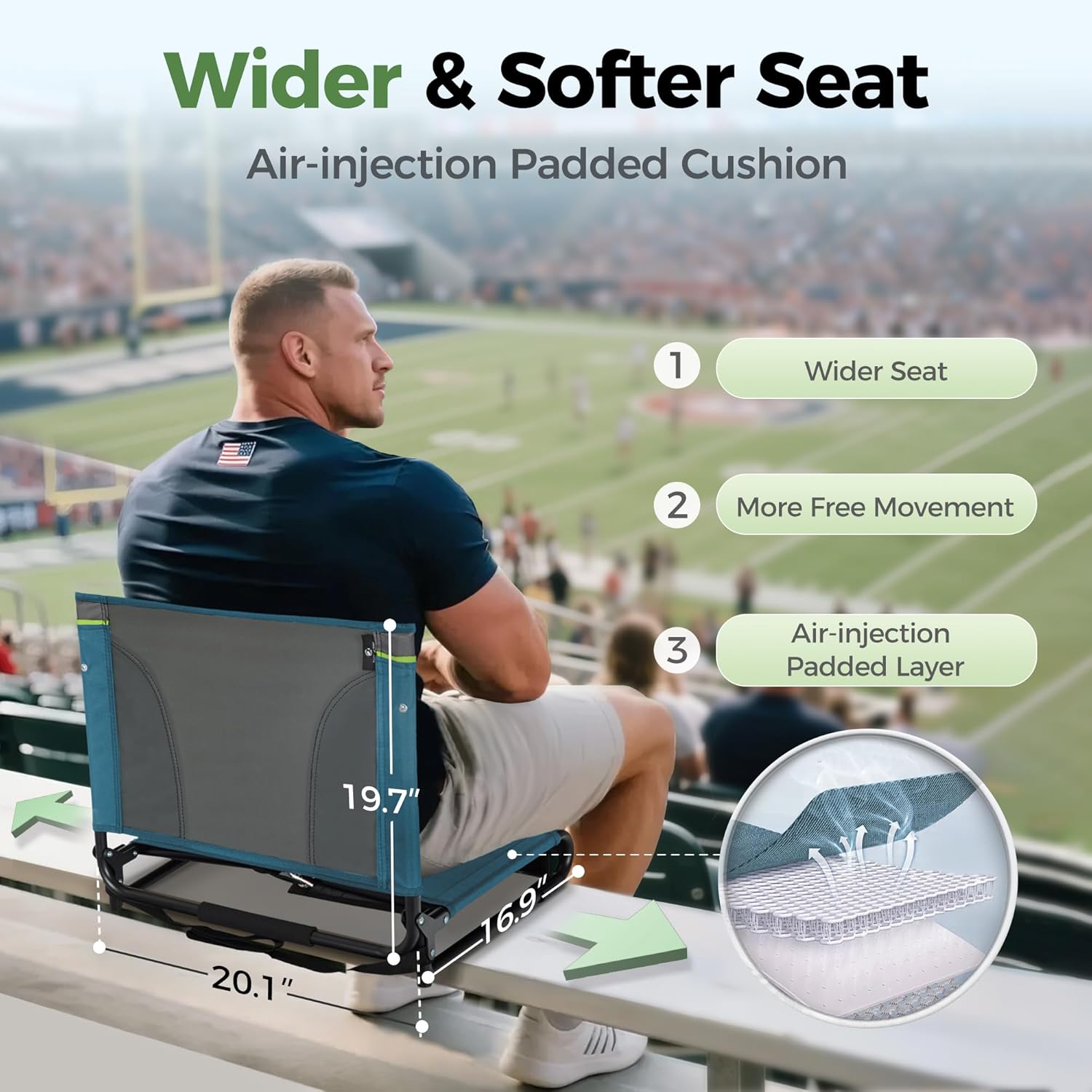 GREEN PARTY Portable Folding Stadium Seats Extra Wide 20.1" Chair for Bleachers Set of 2 with 2 Storage Pockets & Mesh Cup Holder, 600D Oxford Fabric Comfortable Padded Cushion Back Support Blue Grey