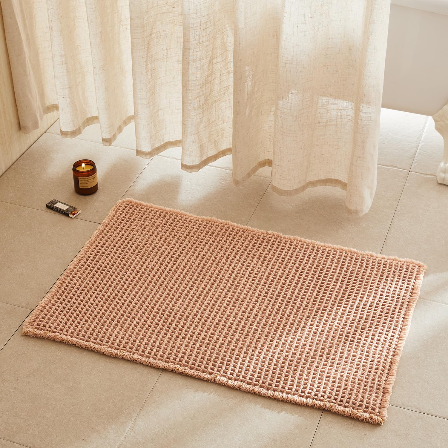 TYUU Waffle Bath Mat, Boho Bathroom Rugs Non Slip Washable Super Absorbent Quick Dry Bath Mat Farmhouse Bathroom Decor, 36"x24" Light Peach