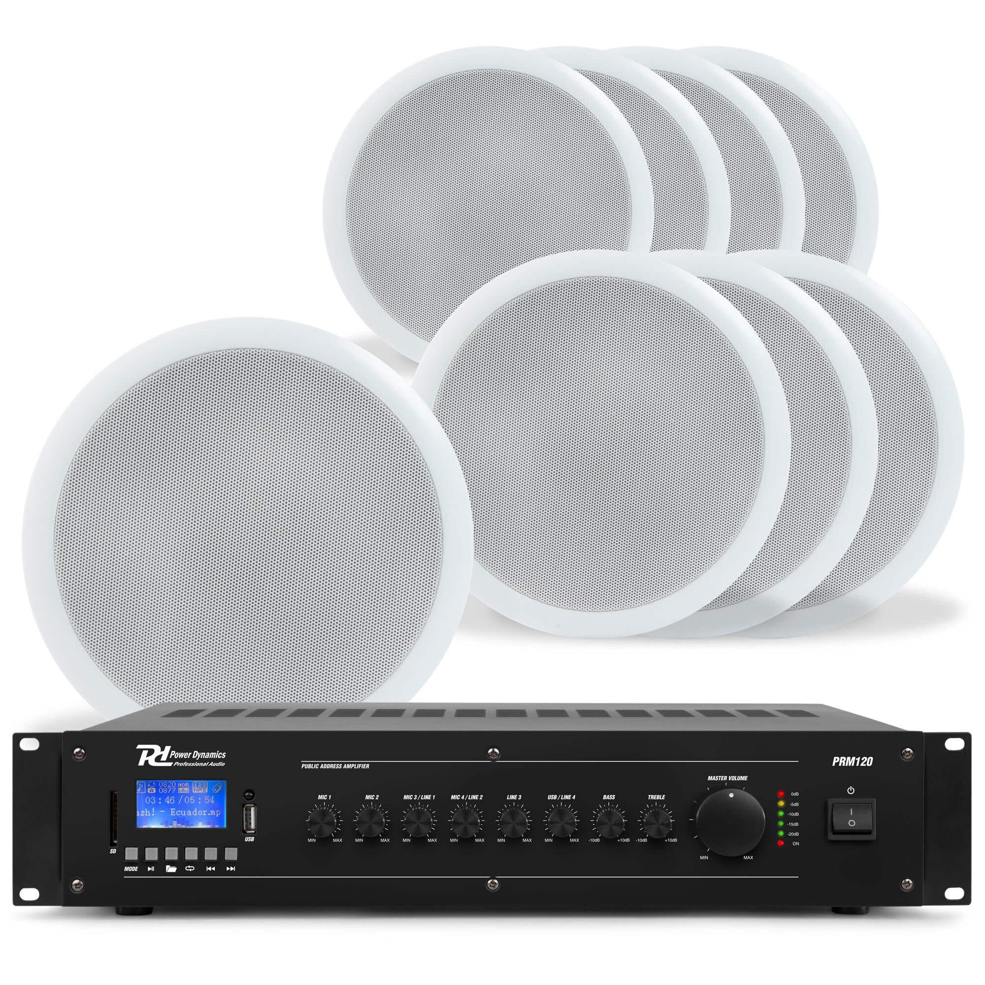 Power Dynamics Set 8 Altavoces de Techo 100V - Woofer 8” Sonido Profesional, Bluetooth, MP3, USB, Micrófono, Graves y Agudos Ajustables, Fácil Instalación, Ideal Hostelería, Comercios y Oficinas