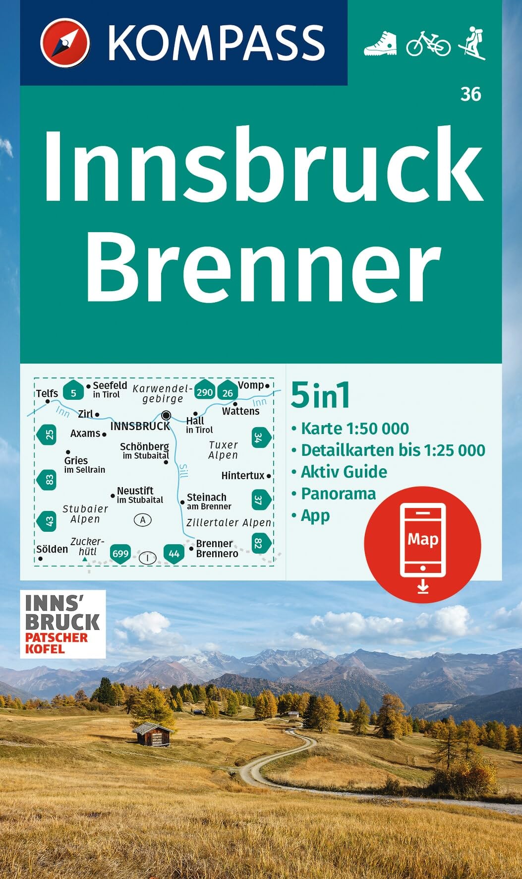 Innsbruck / Brenner + Aktiv Guide (36): 5in1 Wanderkarte mit Panorama, Aktiv Guide und Detailkarten inklusive Karte zur offline Verwendung in der KOMPASS-App. Fahrradfahren. Skitouren.