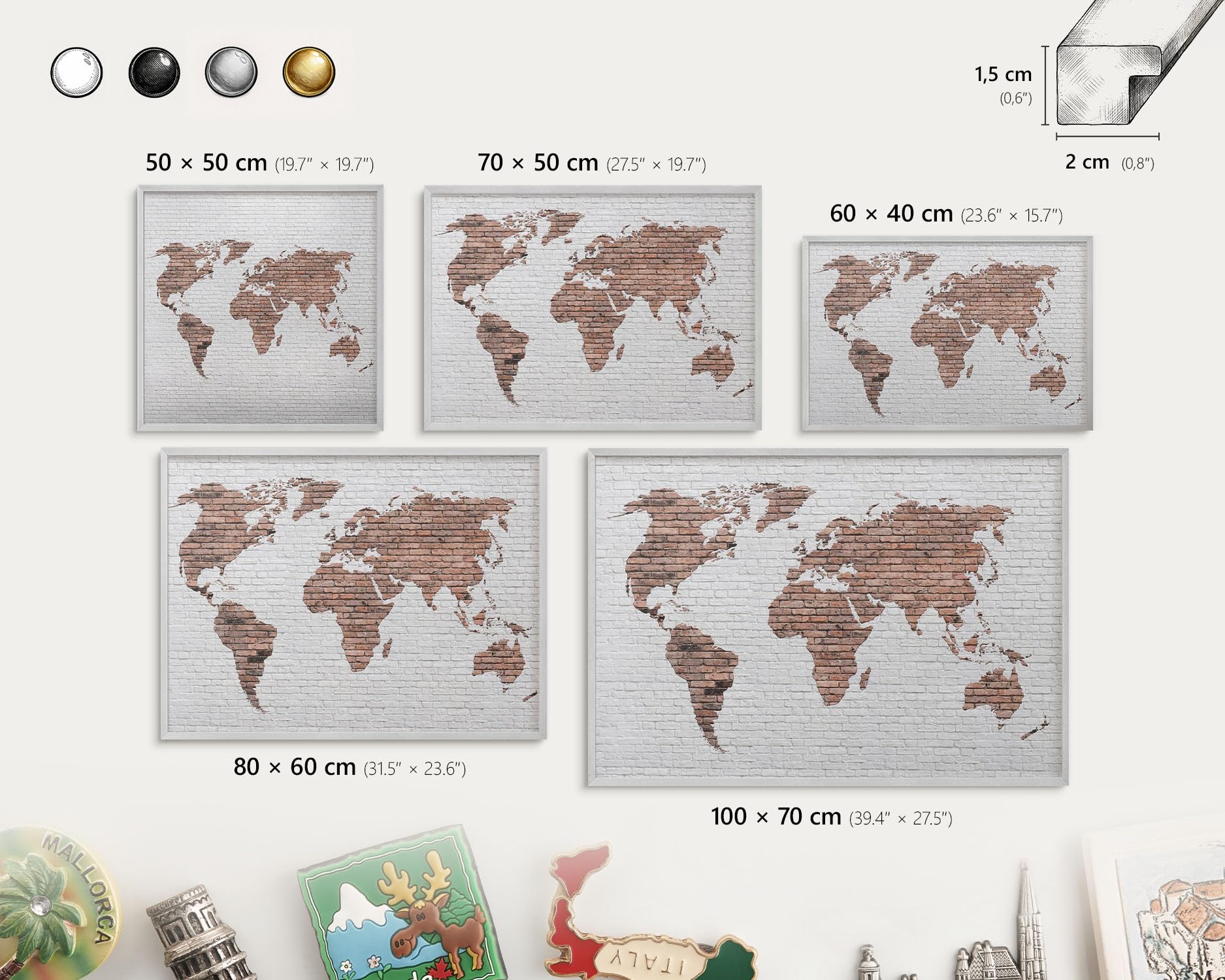 Tableau Magnétique en Métal 50x50 cm | Cadre Argenté | Carte En Briques