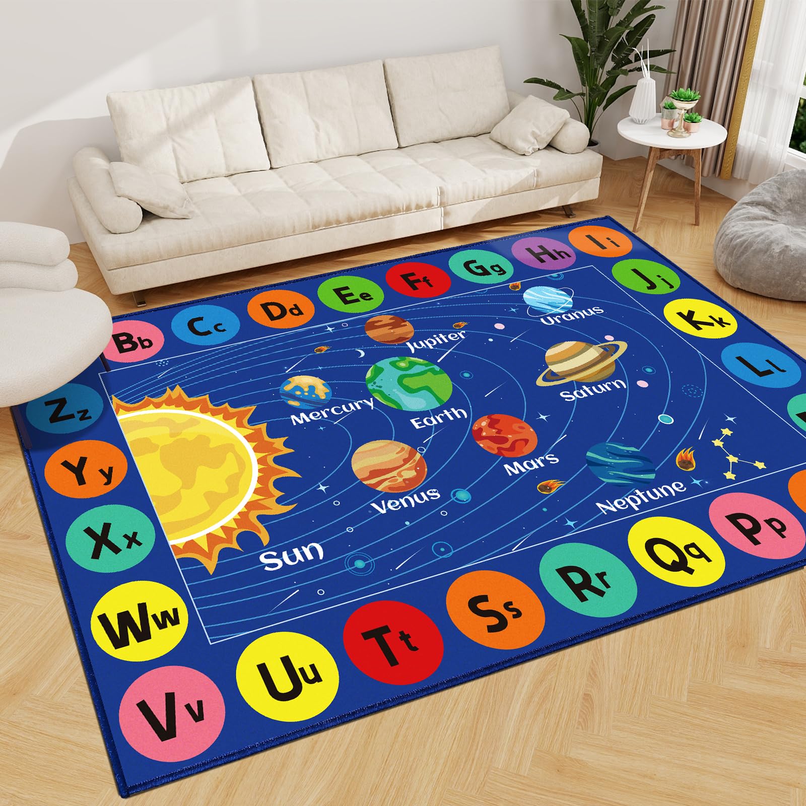 AKASISRUG Outer Space Rug for Kids Room, ABC Educational Learning Kids Carpet, Non-Slip Solar System Road Play Play Rug for Kids Bedrooms, Classroom, Nursery Room Decor (Blue, 59X39.4 INCH)