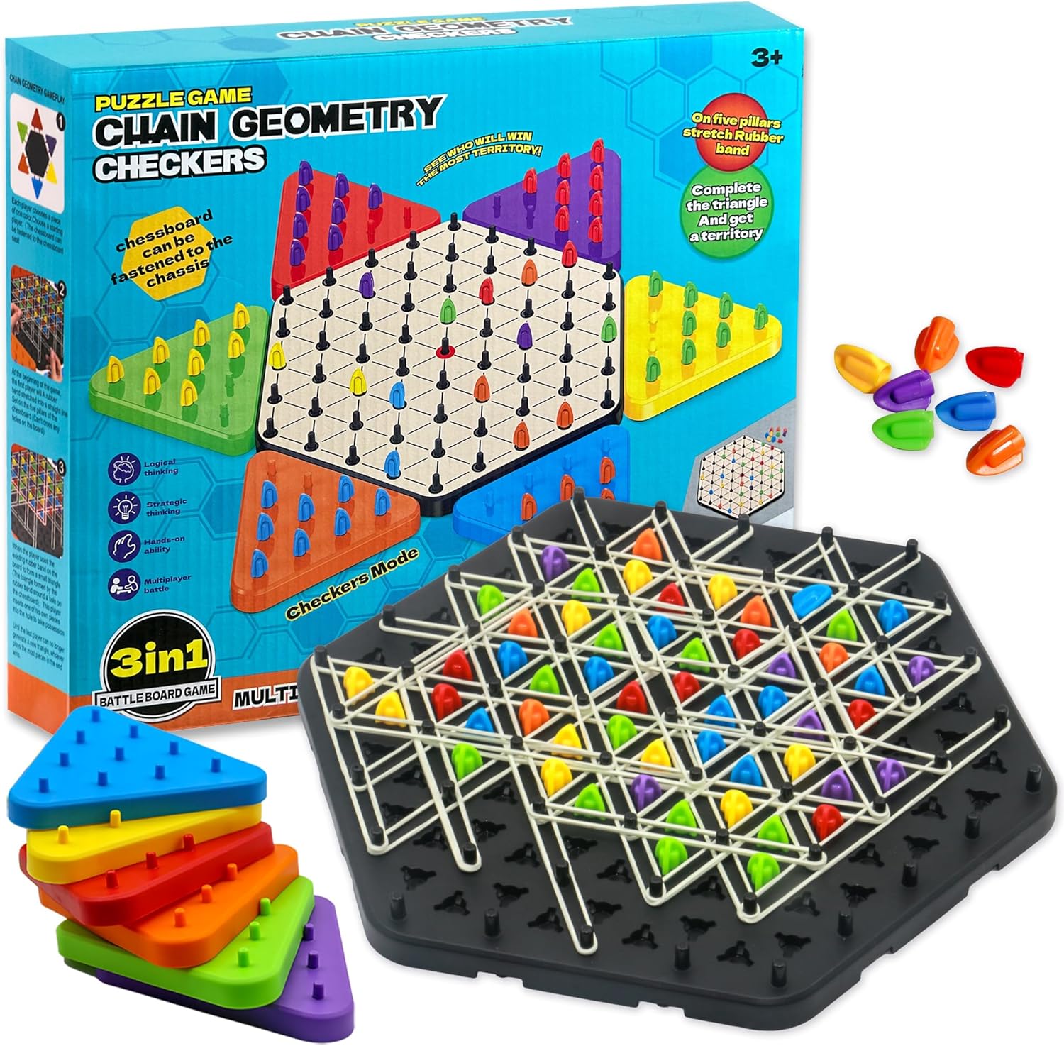 upgraded chain triangle chess game, 3-in-1 multi-functional board games, chinese checkers, educational toy for adults and kids age 3+, 2-6 players, fun for family, grandson, friend, party
