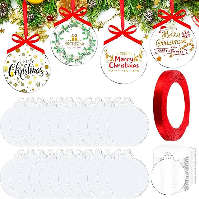 FESTIVE FIX 18pc Clear Christmas Acrylic Baubles Blanks with Red Ribbon  3 Inch Clear Baubles Hanging Christmas Tree Decoration Ornament | Blank Disc Rounds Christmas Ornaments for DIY Baubles