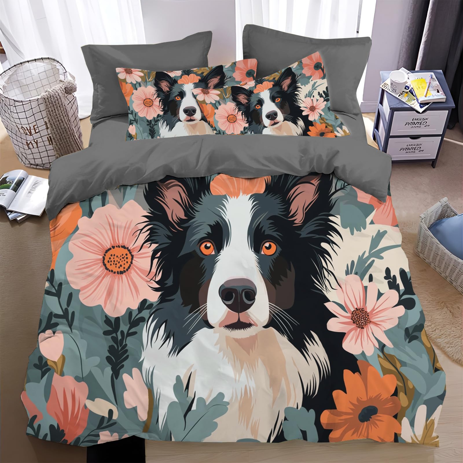 Parure de lit Border Collie housse de couette chien dessin animé rustique