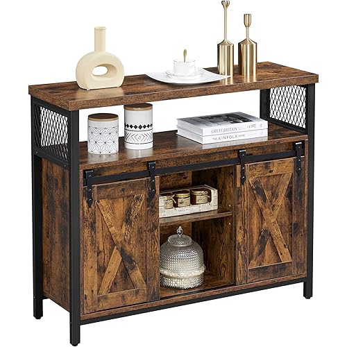 VASAGLE Buffet Cabinet, Coffee Bar Storage Cabinet, Sideboard with 2 Sliding Barn Doors, Adjustable Shelves, 13 x 39.4 x 31.5 Inches, for Living Room, Rustic Brown and Ink Black ULSC092B01