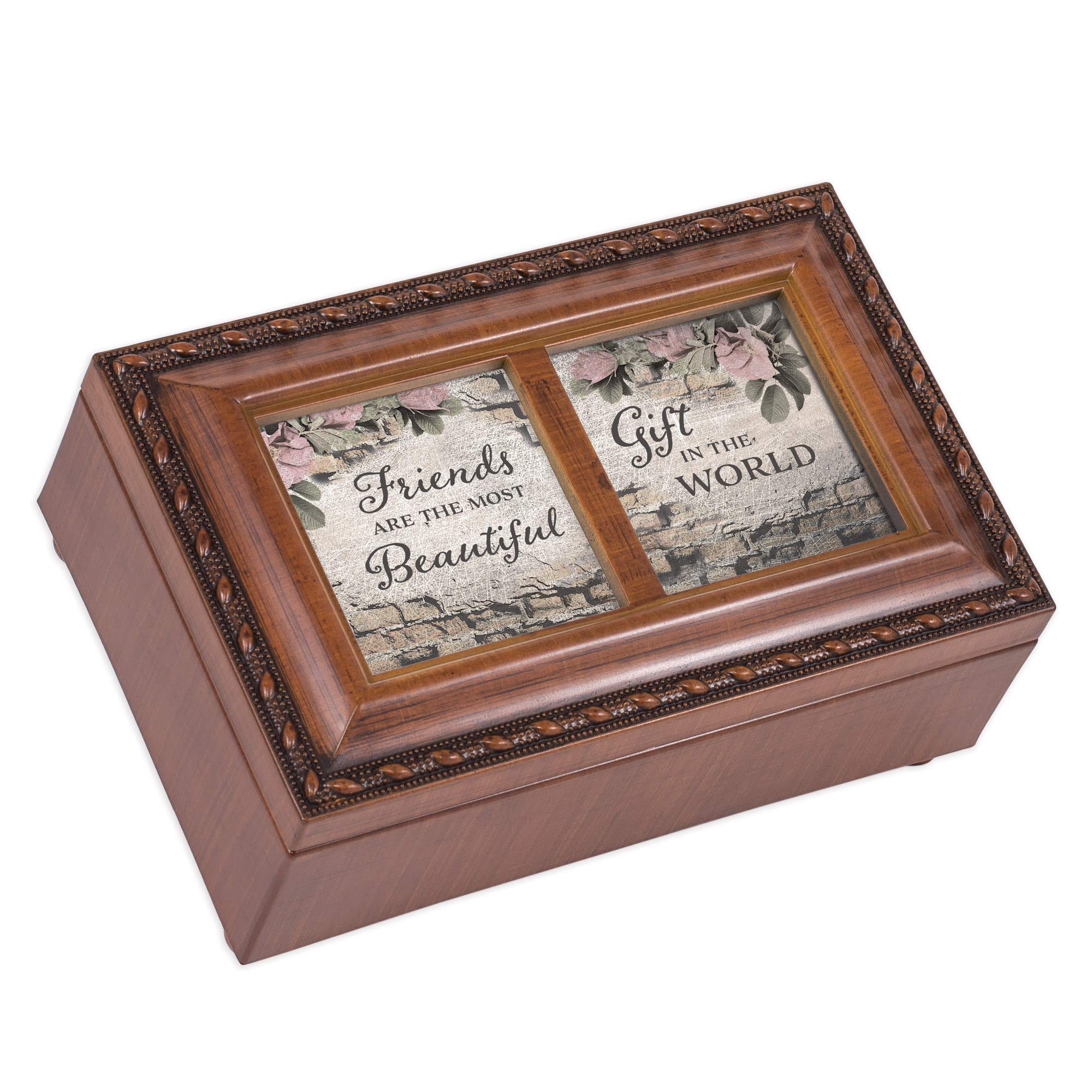 Cottage Garden Friends Beautiful Woodgrain Rope Trim Petite Music Box Plays Wind Beneath My Wings