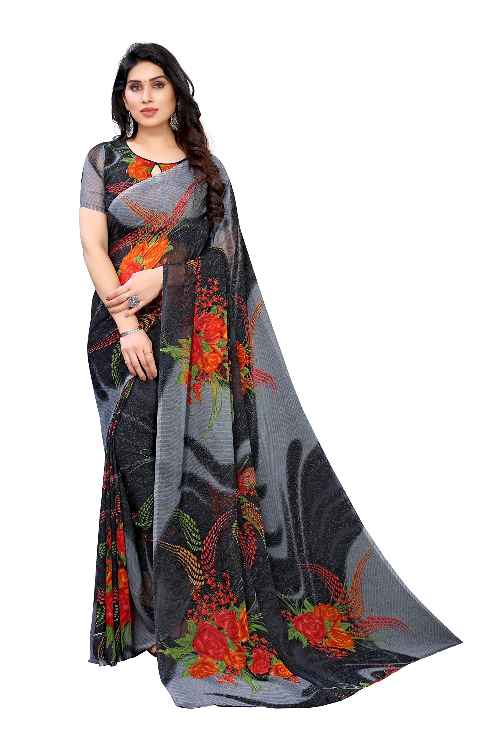 PERFECTBLUEWomen`s Georgette saree with Unstiched Blouse Piece(Radhika_Variation)
