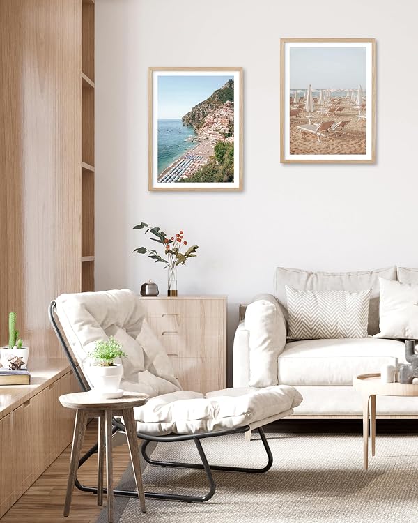 HesenDot Natural OAK Wood Framed Italian Positano Beach Wall Art,12x16in Amalfi Coast Canvas Wall Print,Summer Coastal Landscape Poster Wall Decor for Living Room,Bedroom,Office Gallery Set of 1 by HesenDot - Used condition - Image 2