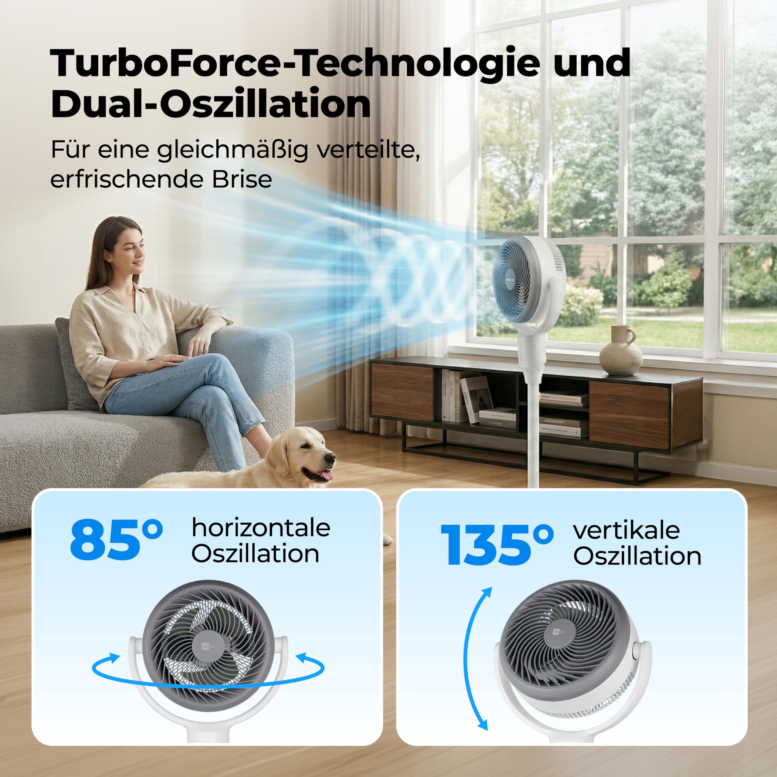aeco AirX Duo 2in1 Tischventilator & Standventilator mit Fernbedienung | 61-118 cm Höhe | 135° + 85° Omni-Oszillierend | 4 Geschwindigkeit & 6H Timer | Leiser Fan für Schlafzimmer Büro Wohnzimmer