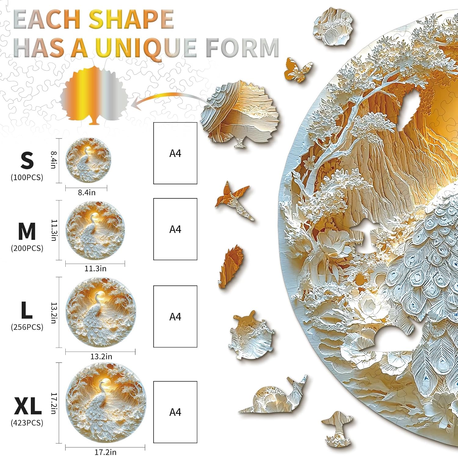 KAAYEE Wooden Puzzles for Adults, 3D Visual Effect Beautiful Peacock Wooden Jigsaw Puzzle Unique Shape Wood Puzzle Adult, Birthday Gifts for Puzzle Lovers Family Games (M-11.3 * 11.3 in-200pcs) Beautiful Peacock Medium