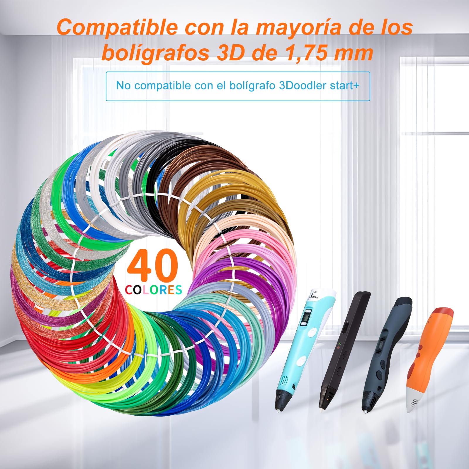 Kretrum 40 Color Filamento 3D Lápiz PLA 1,75 mm Filamento Lápiz 3D Compatible con MYNT3D y SCRIB3D NO APTO PARA 3Doodler 3D bolígrafo 3m de cada color un total de 394 pies