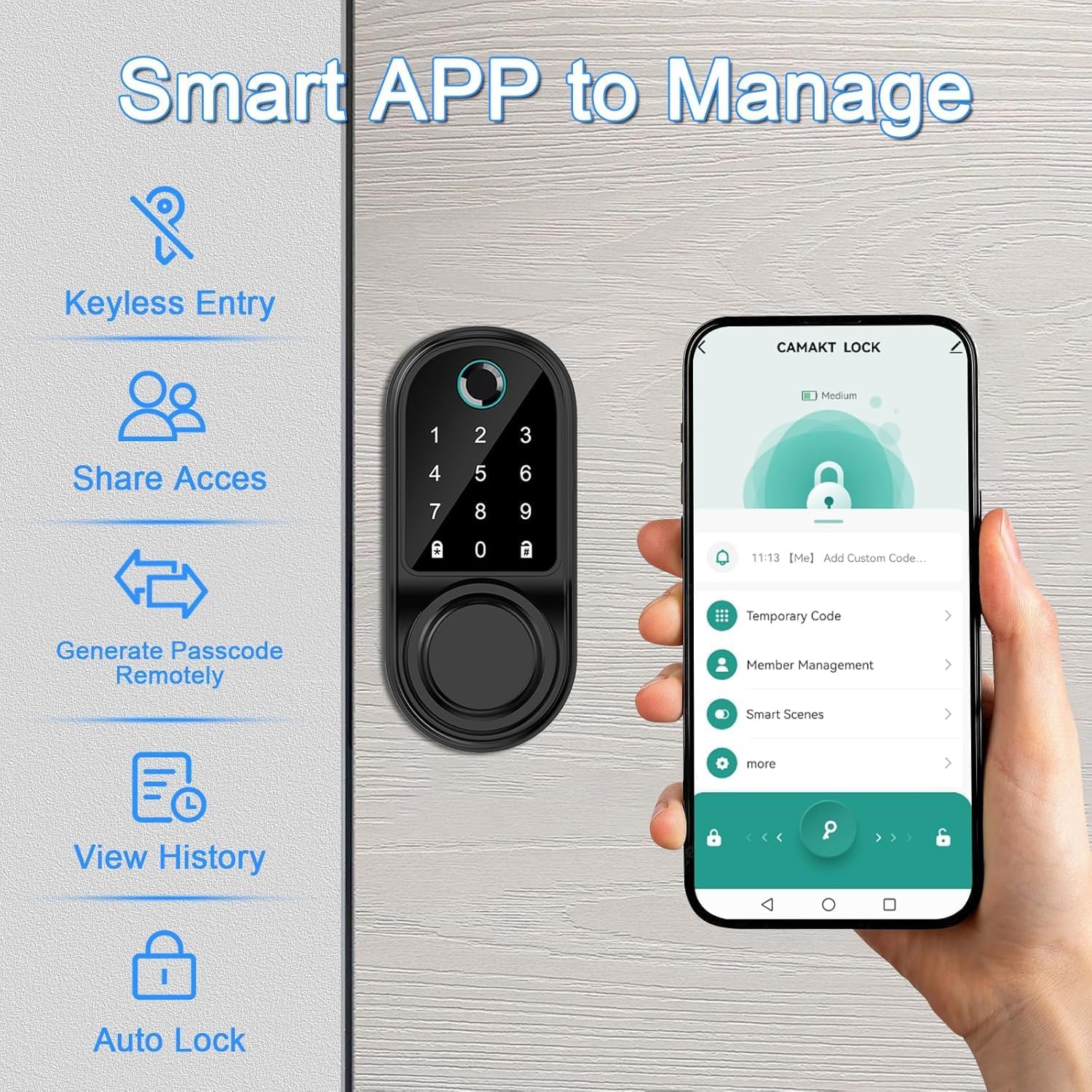 Smart Fingerprint Door Lock, Keyless Biometric Deadbolt with App Control & Auto Lock, IP66 Waterproof Digital Touchscreen Keypad, Easy Install - Home Security Solution for Front Door (Black)
