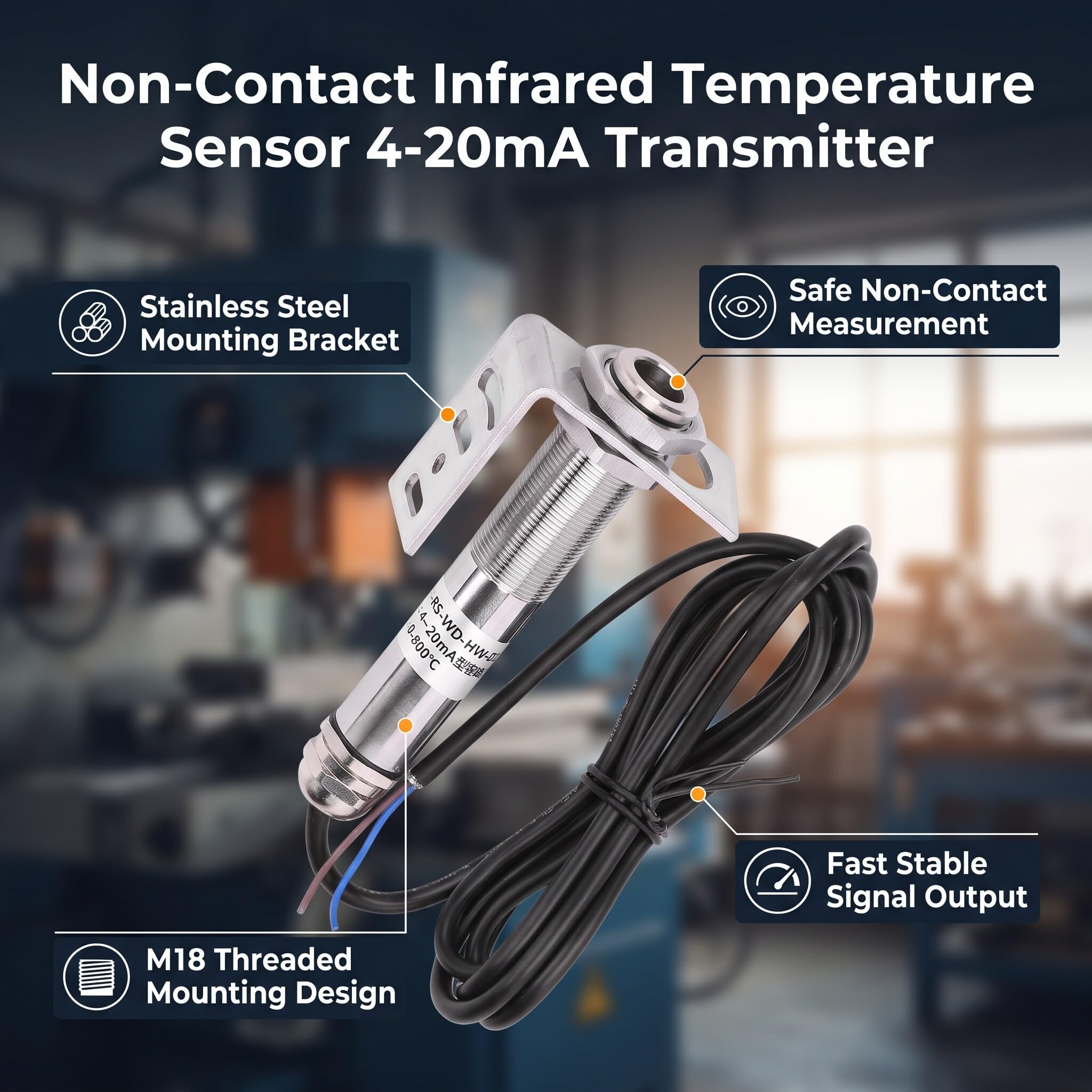 Sensores de alta temperatura, sensores de temperatura infrarrojos, no táctiles, transmisor de 4-20 mA, 10-30 V CC (0 ~ 500 ℃)
