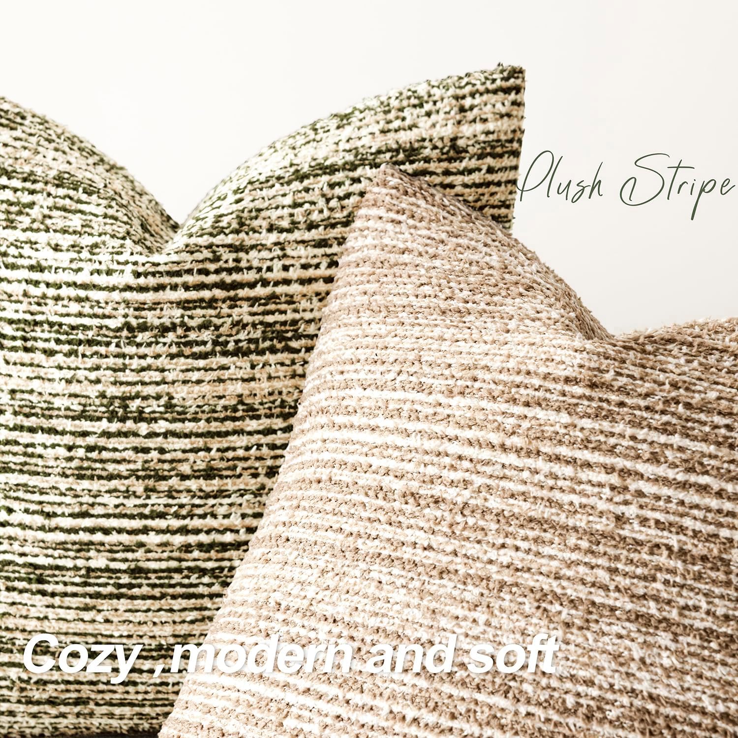 Foindtower Set of 2 Faux Fur Textured Modern Throw Decorative Pillow Covers Square Accent Striped Cushion Sherpa Boho Farmhouse Pillowcase for Couch Sofa Living Room Home Decor 20x20 Inch,Tan Khaki