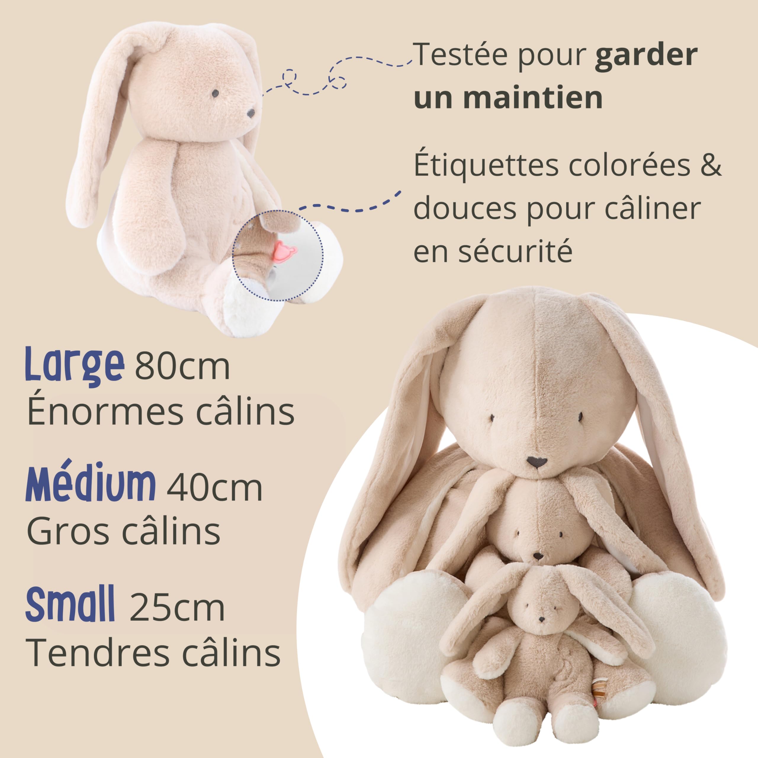 Noukie's - Peluche morbido - 80 cm - Large - coniglio beige moka - giocattolo per bambini e neonati - regalo di nascita